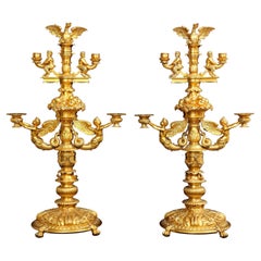 Merveilleuse paire de candélabres à quatre bras en bronze doré français du 19ème siècle, signés P. Canaux