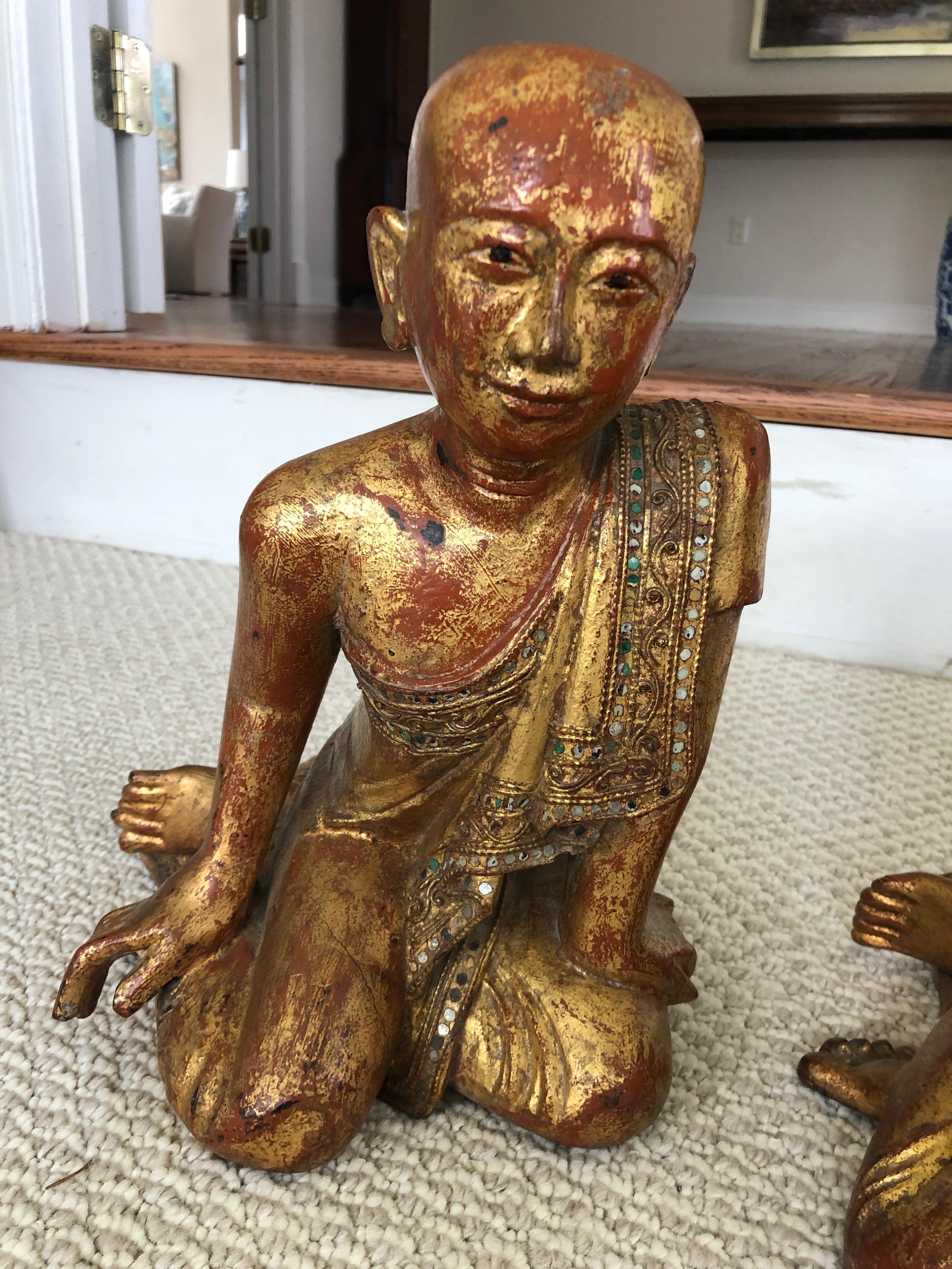 Chinese Export Marvellous Pair of 19th Century Gilded and Gem Encrusted Seated Monk Sculptures