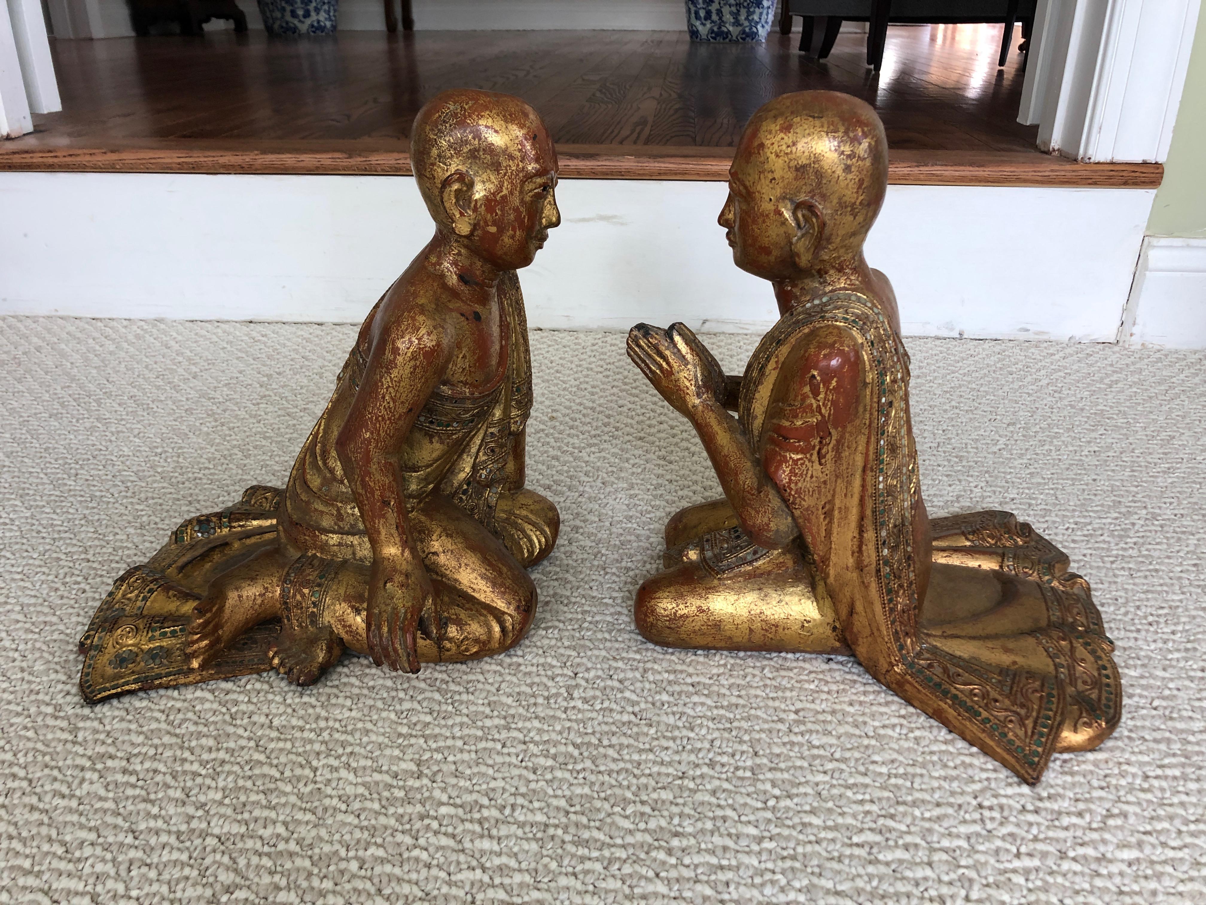 Burmese Marvellous Pair of 19th Century Gilded and Gem Encrusted Seated Monk Sculptures