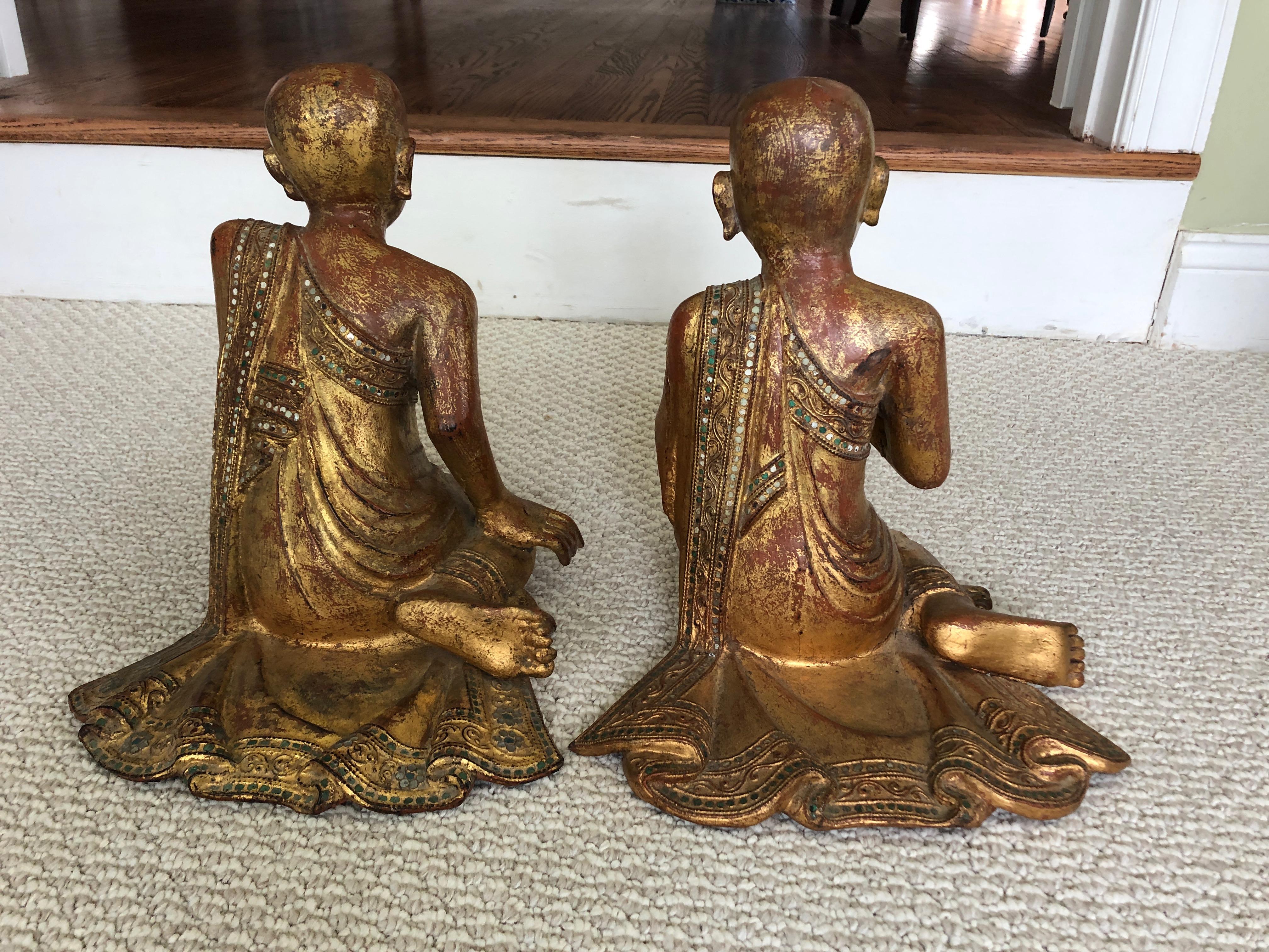 Giltwood Marvellous Pair of 19th Century Gilded and Gem Encrusted Seated Monk Sculptures