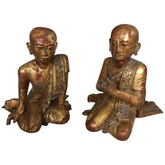 Antique Marvellous Pair of 19th Century Gilded and Gem Encrusted Seated Monk Sculptures