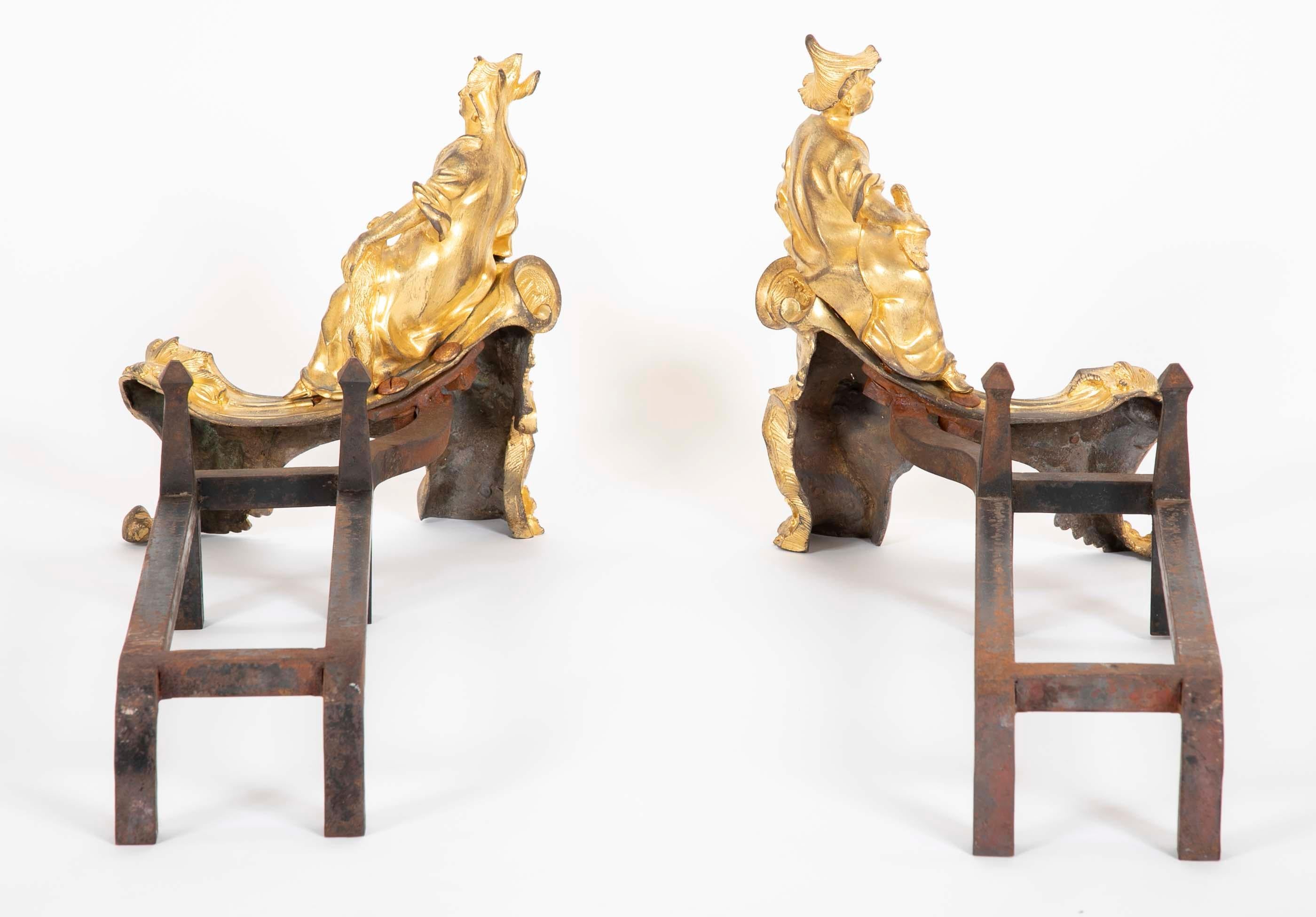 Marvelous Pair of Chinoiserie  Louis XV Dore Bronze Chenets For Sale 11