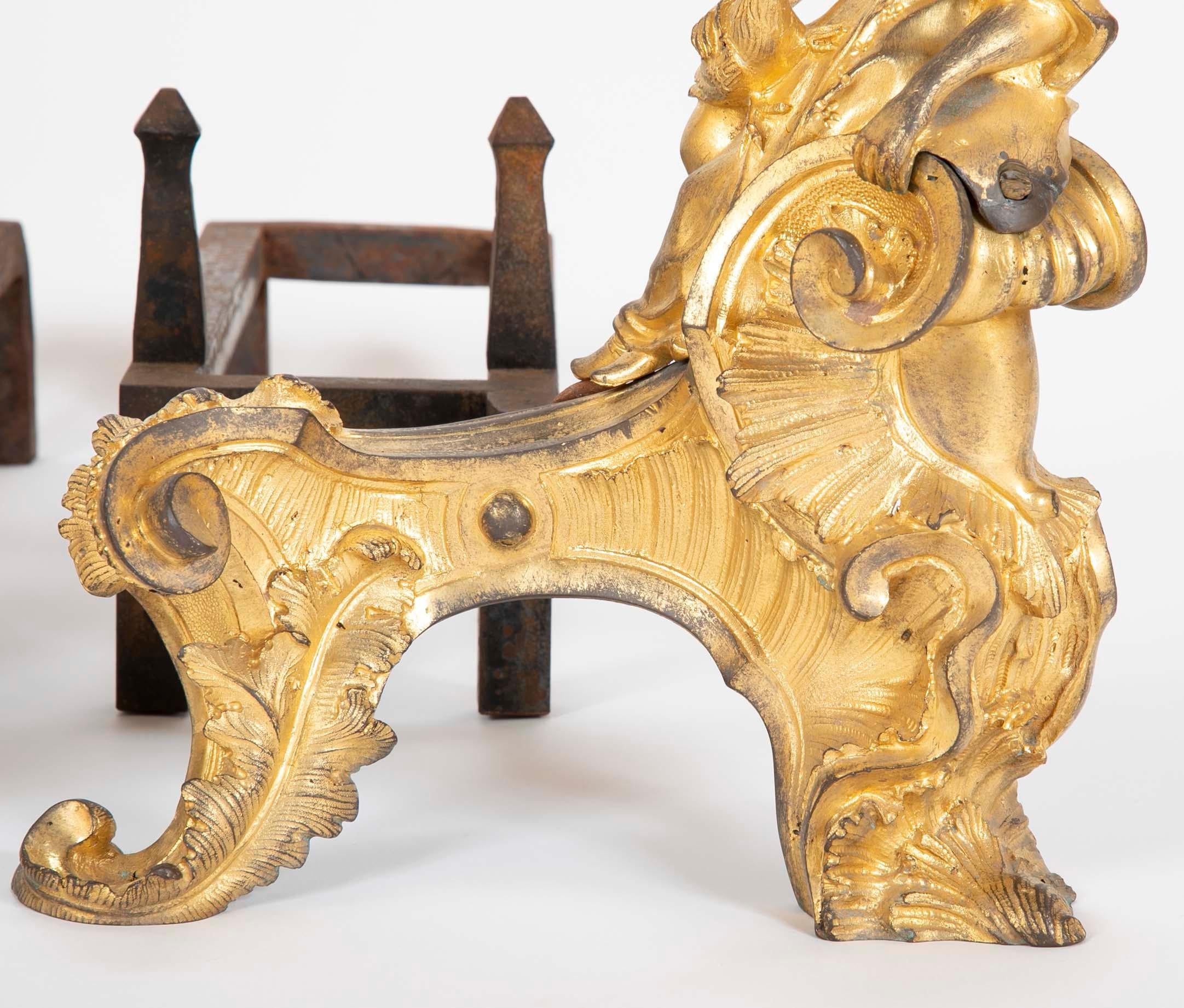 French Marvelous Pair of Chinoiserie  Louis XV Dore Bronze Chenets For Sale