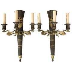 Marvelous Pair of French Napoleon III Bronze Painted Sconces with Swan Arms