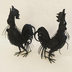 Marvelous Pair of Hand Forged Iron Rooster Sculptures