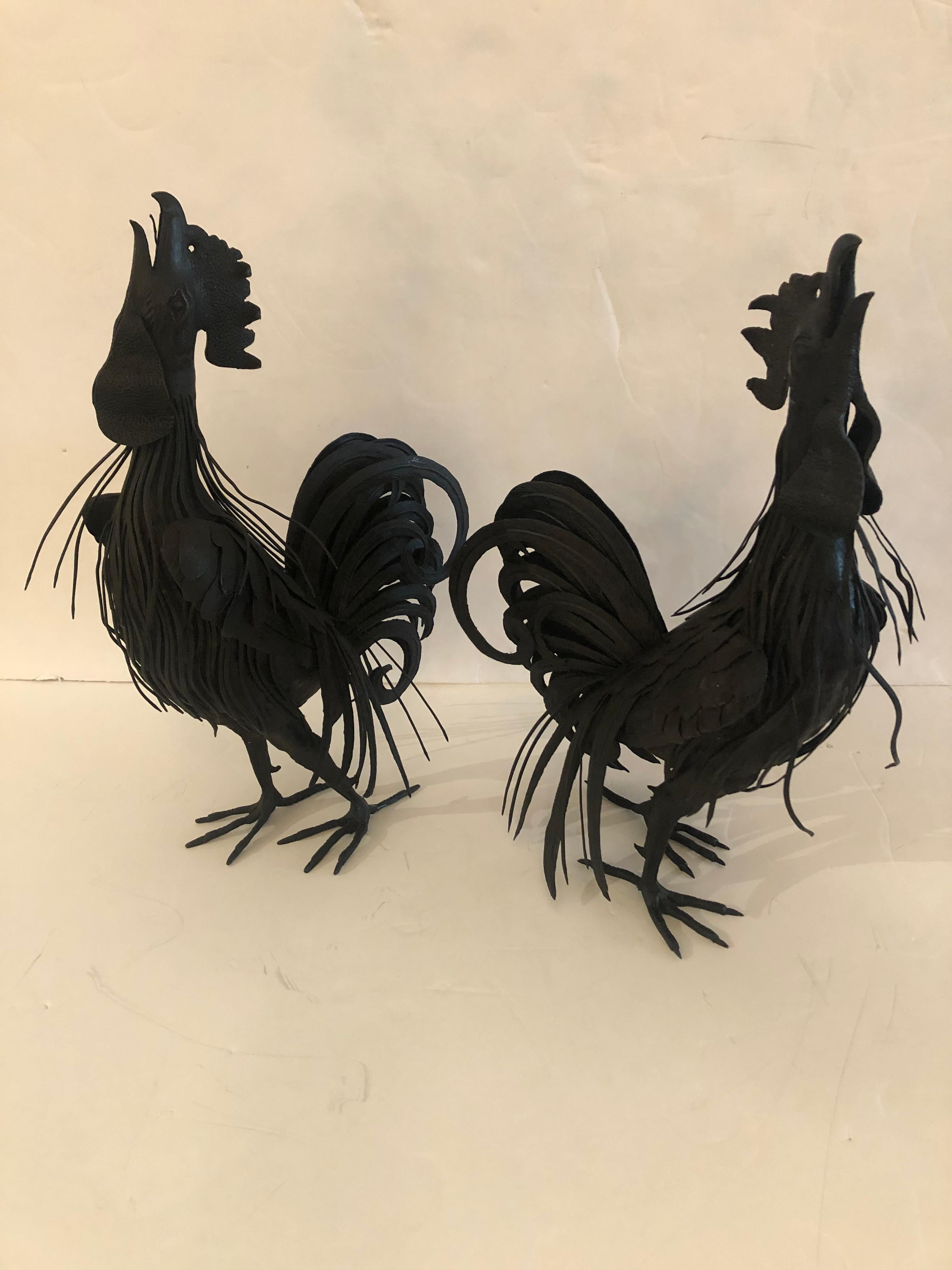 Chinese Marvelous Pair of Hand Forged Iron Rooster Sculptures For Sale