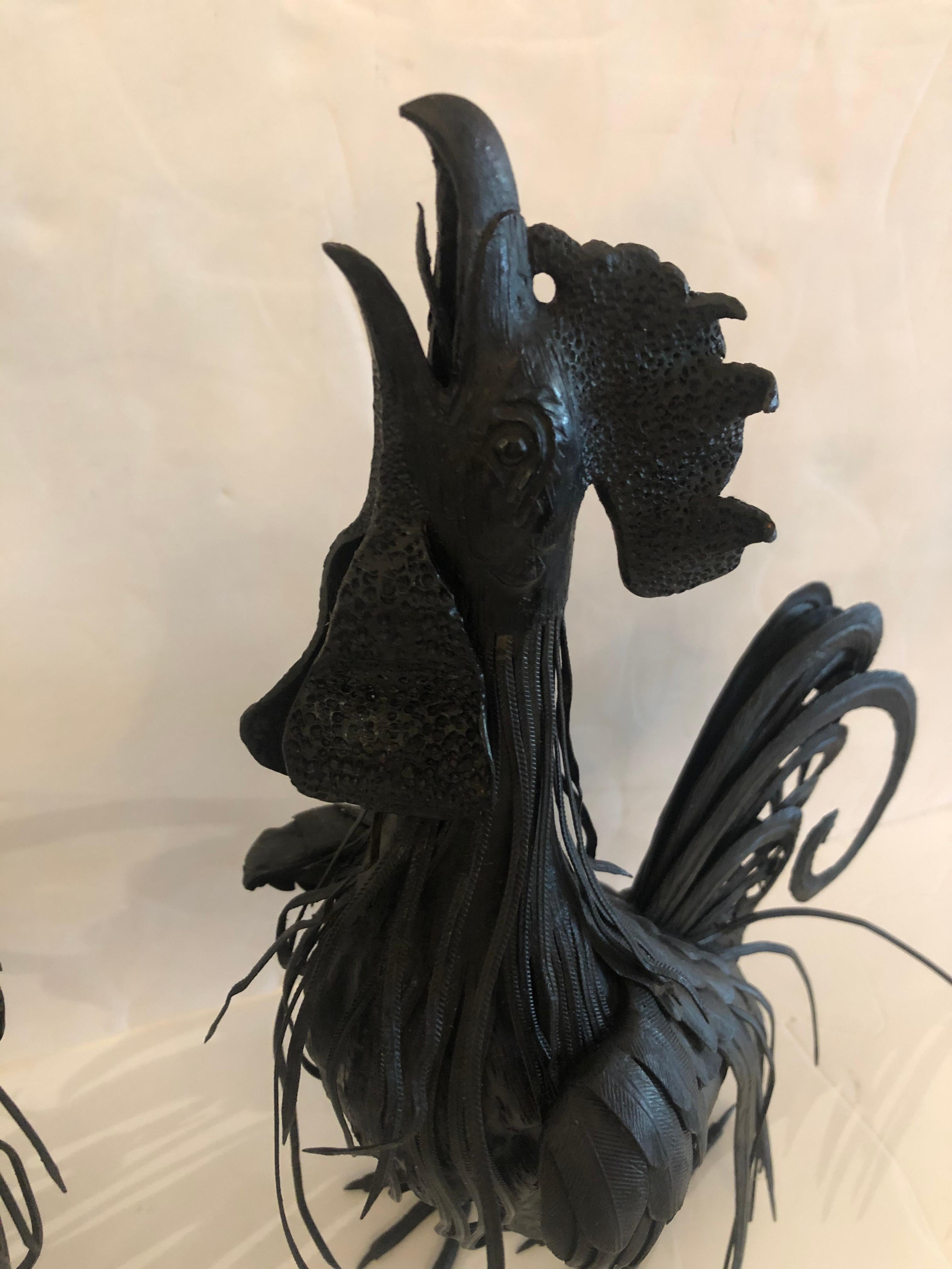Marvelous Pair of Hand Forged Iron Rooster Sculptures In Good Condition For Sale In Hopewell, NJ