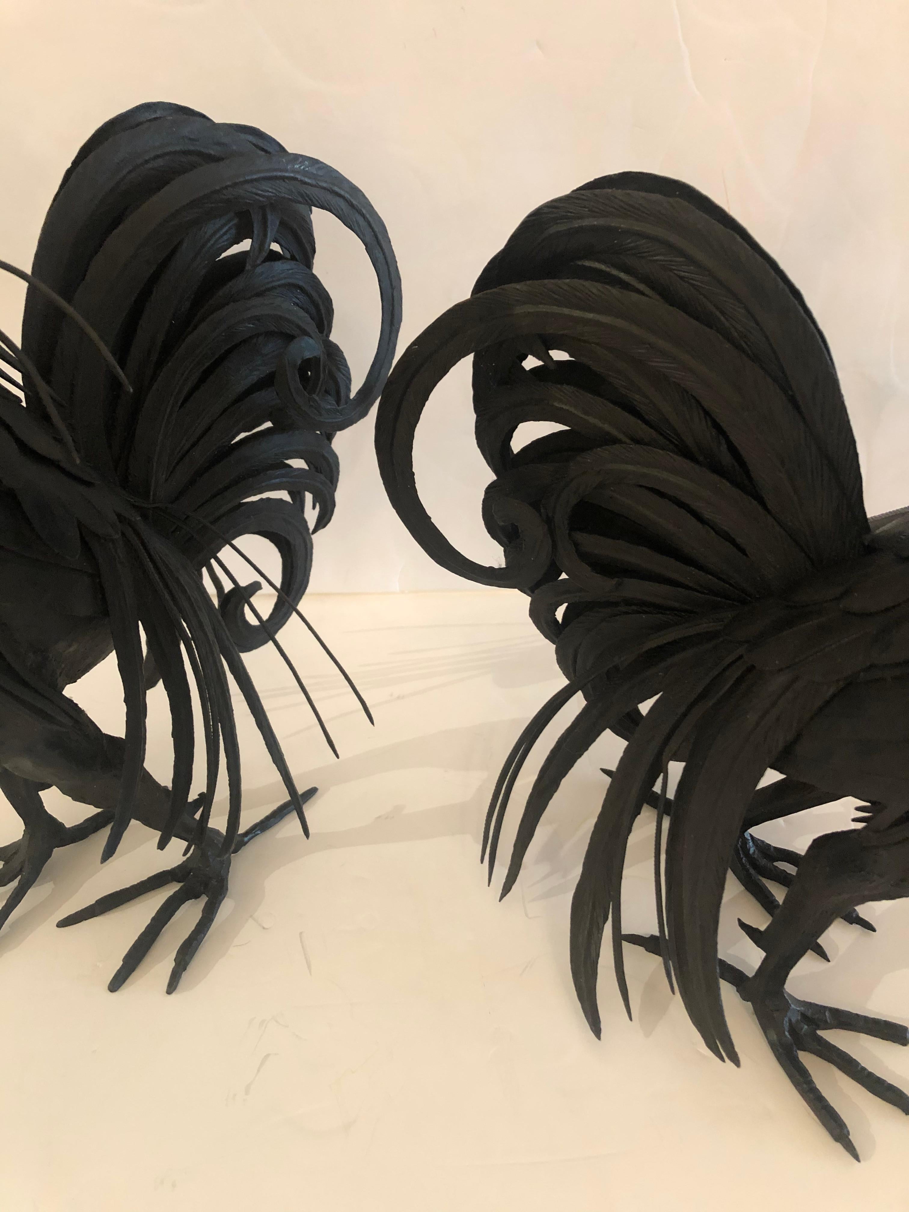 Wrought Iron Marvelous Pair of Hand Forged Iron Rooster Sculptures For Sale