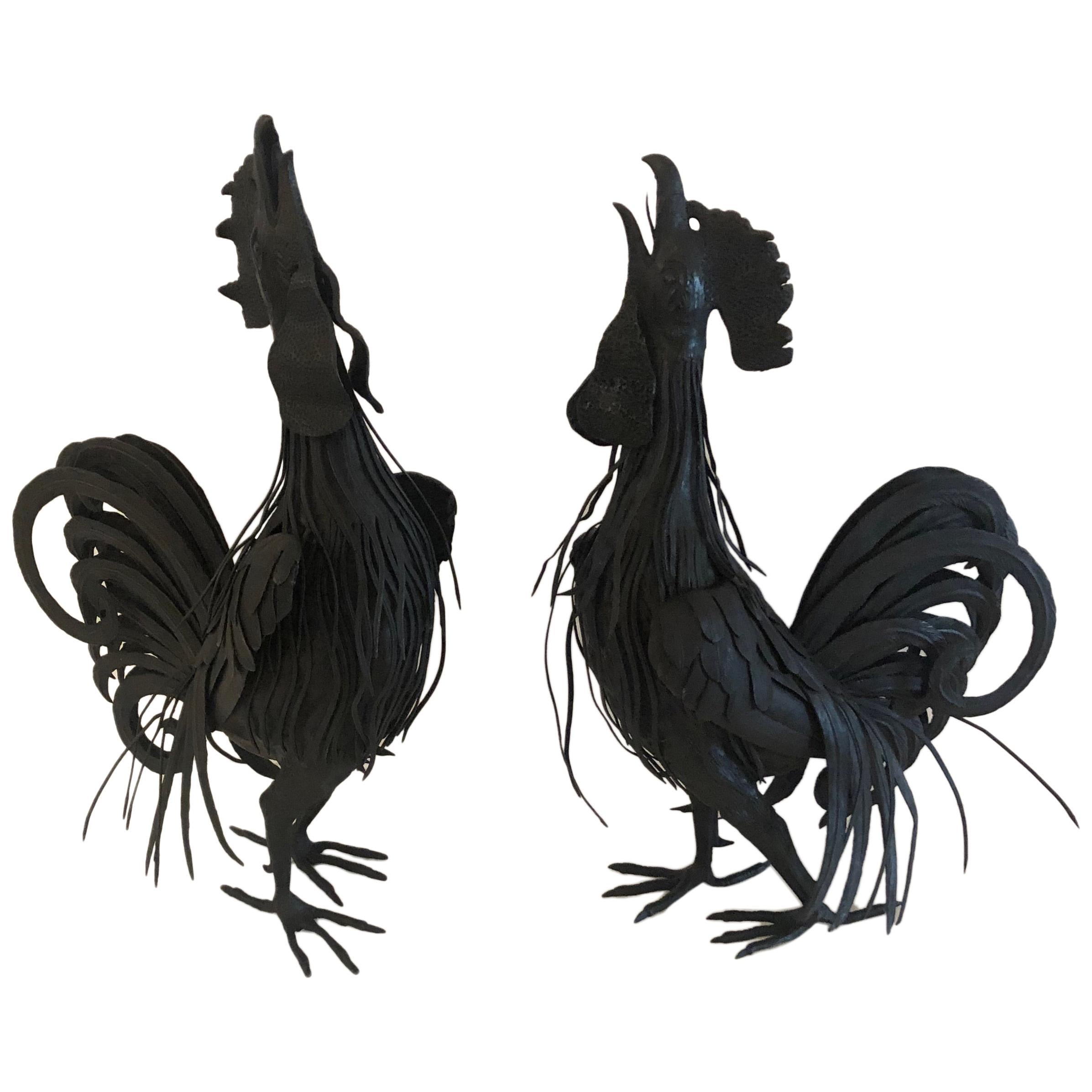 Marvelous Pair of Hand Forged Iron Rooster Sculptures For Sale