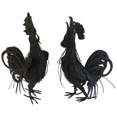 Vintage Marvelous Pair of Hand Forged Iron Rooster Sculptures