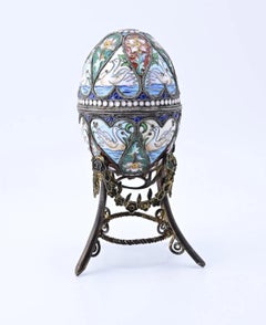 Marvelous Russian Enamel Silver Eggs With Swans