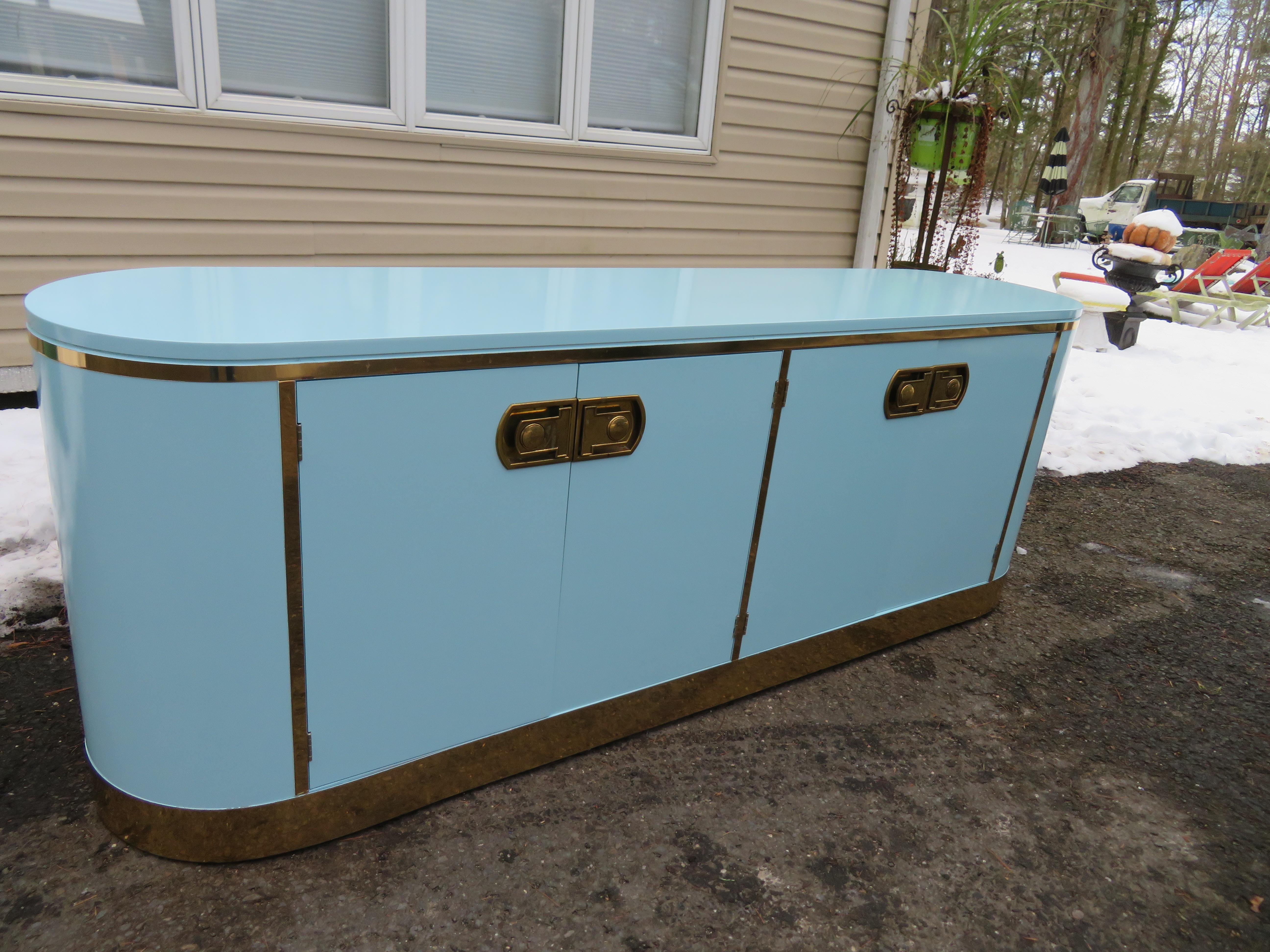 Marvelous Tiffany Blue Mastercraft Pill Shaped Credenza Mid-Century Modern For Sale 7