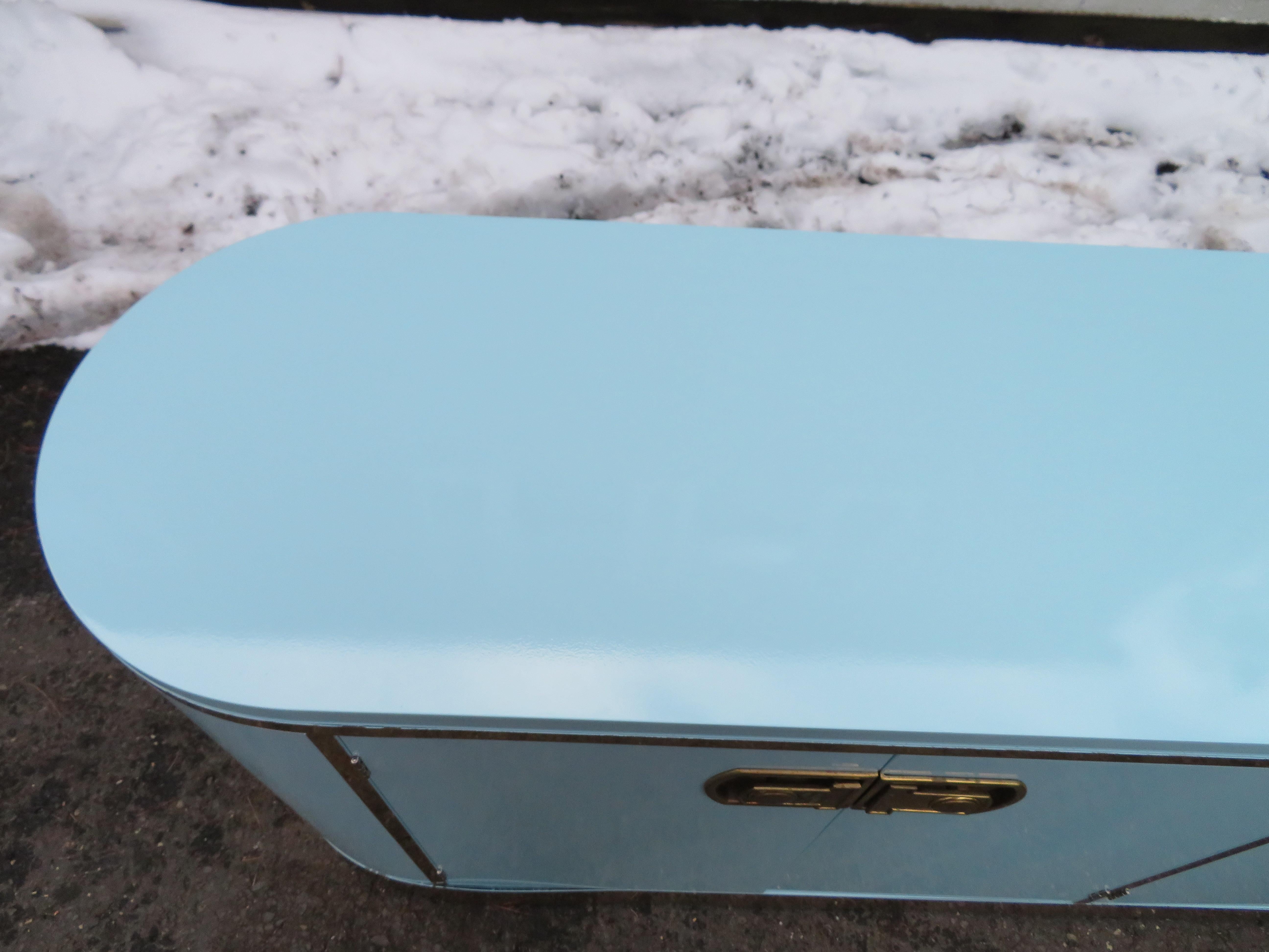 Lacquered Marvelous Tiffany Blue Mastercraft Pill Shaped Credenza Mid-Century Modern For Sale