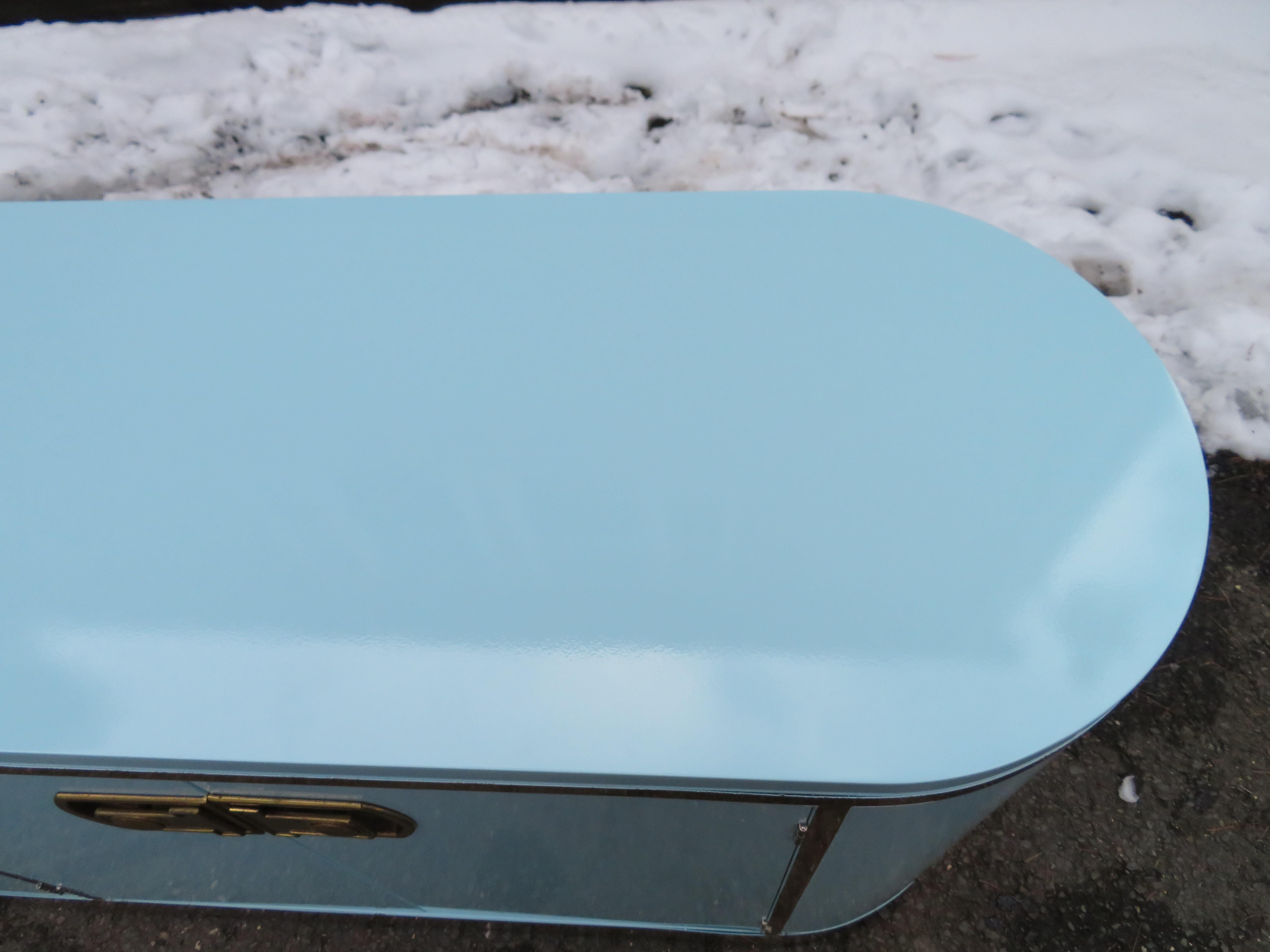 Marvelous Tiffany Blue Mastercraft Pill Shaped Credenza Mid-Century Modern In Good Condition For Sale In Pemberton, NJ