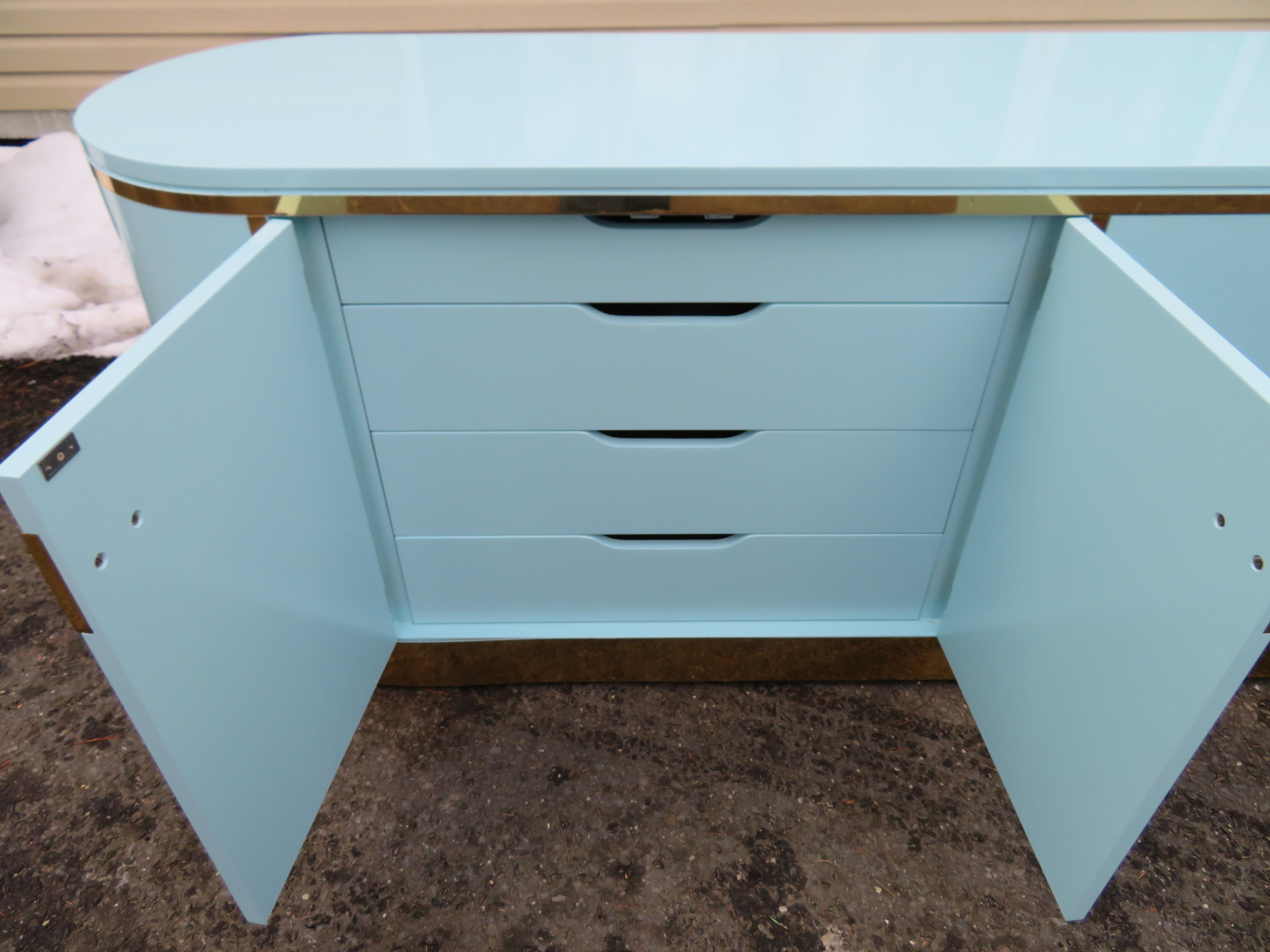 Late 20th Century Marvelous Tiffany Blue Mastercraft Pill Shaped Credenza Mid-Century Modern For Sale