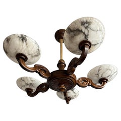 Antique Marvelous Wooden Art Deco Chandelier / Pendant with Five Large Alabaster Shades