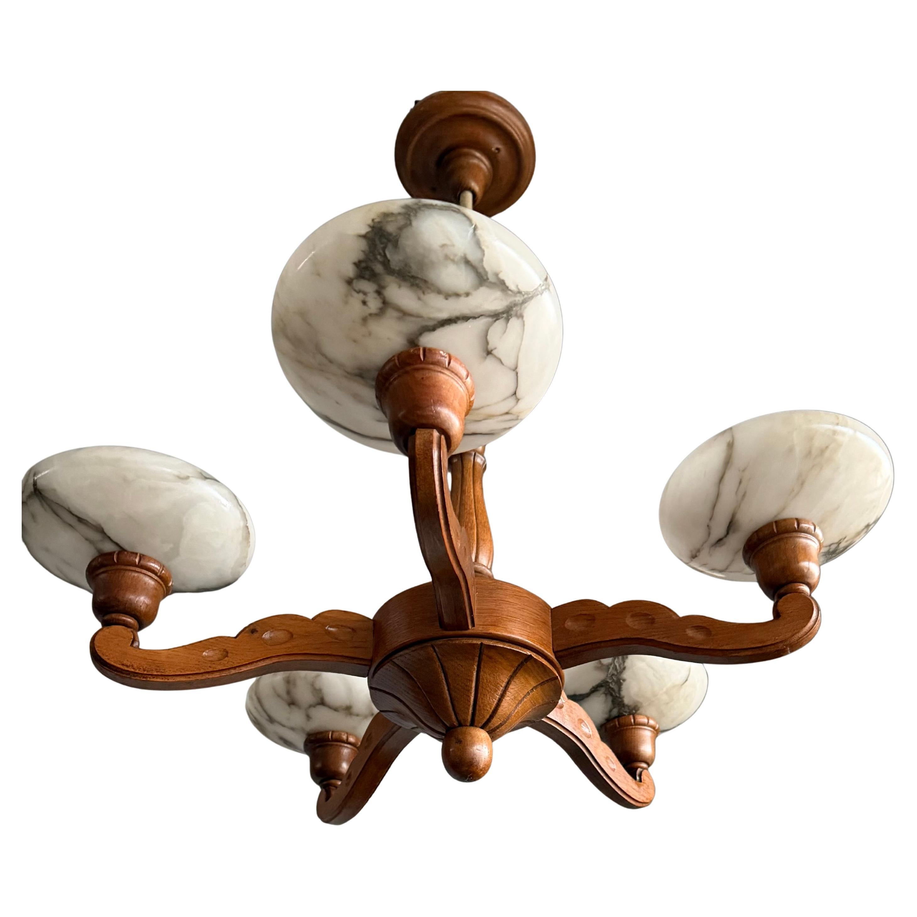 Marvelous Wooden Art Deco Chandelier / Pendant with Five Large Alabaster Shades For Sale