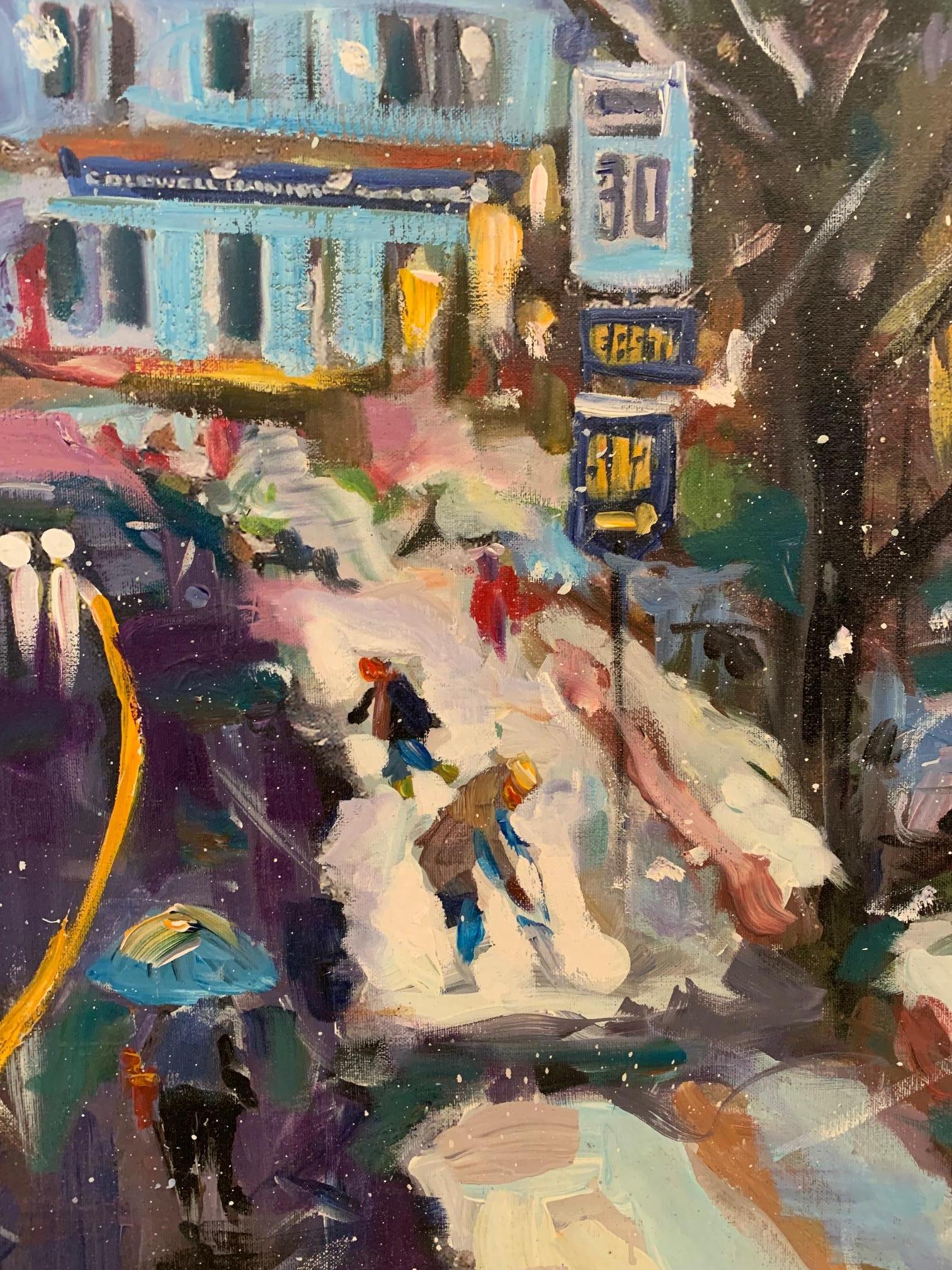 A large and wonderfully rendered original painting of Bernardsville NJ at Christmas, having skillful rough impressionistic brushstrokes in the style of plein air work. The painting has a folk art quality to it. Signed lower right, Reilly.