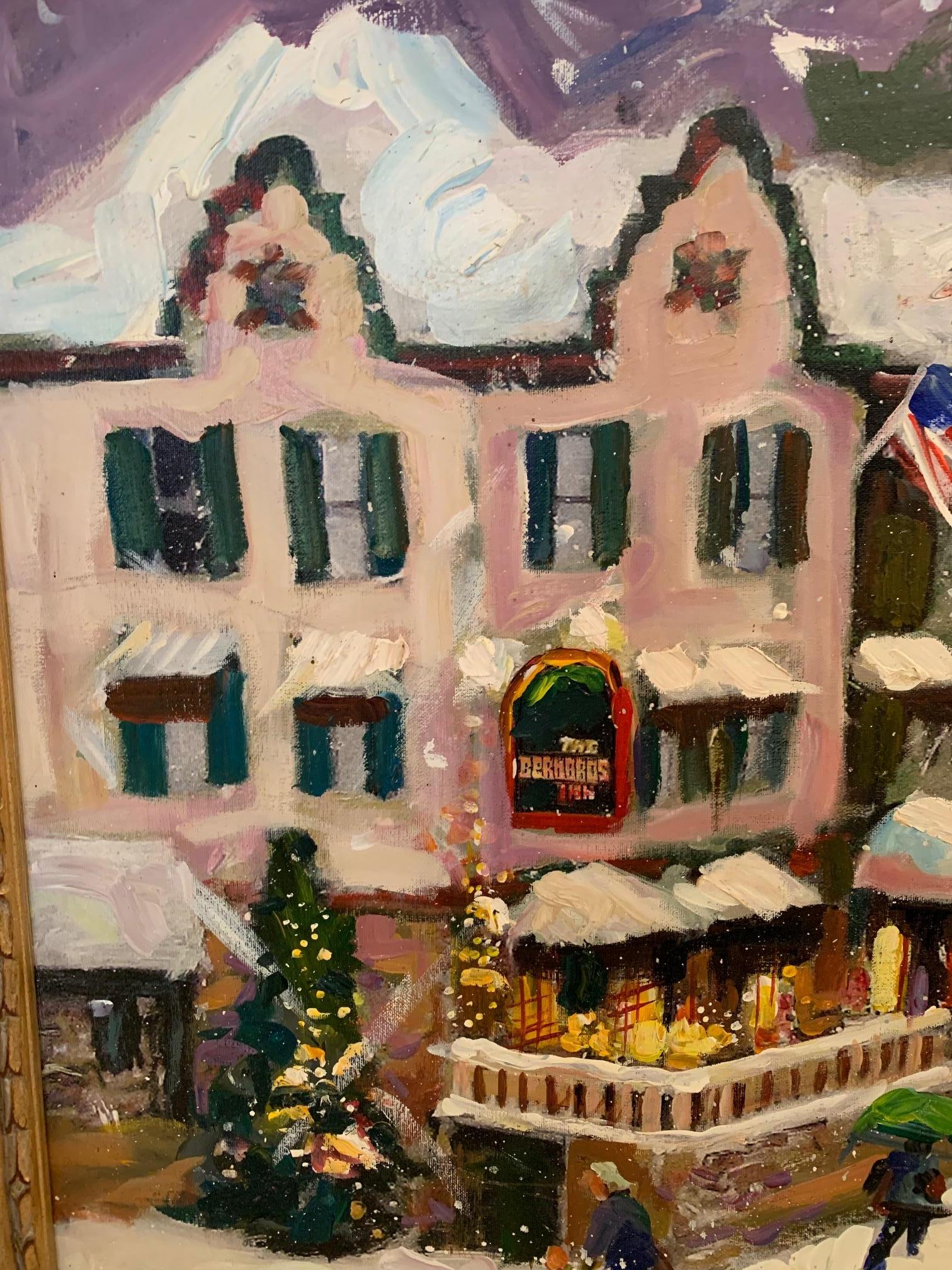 North American Marvelously Happy Holiday Scene Painting of Quaint Town
