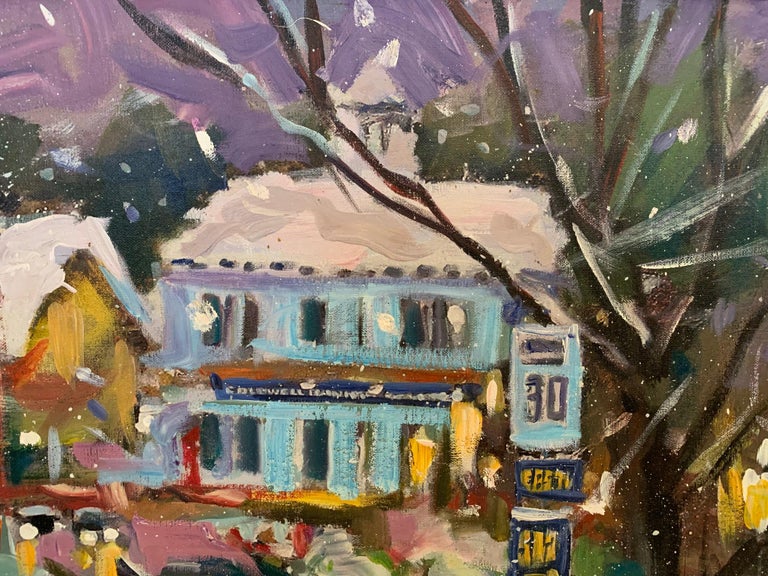 Marvelously Happy Holiday Scene Painting of Quaint Town For Sale 1
