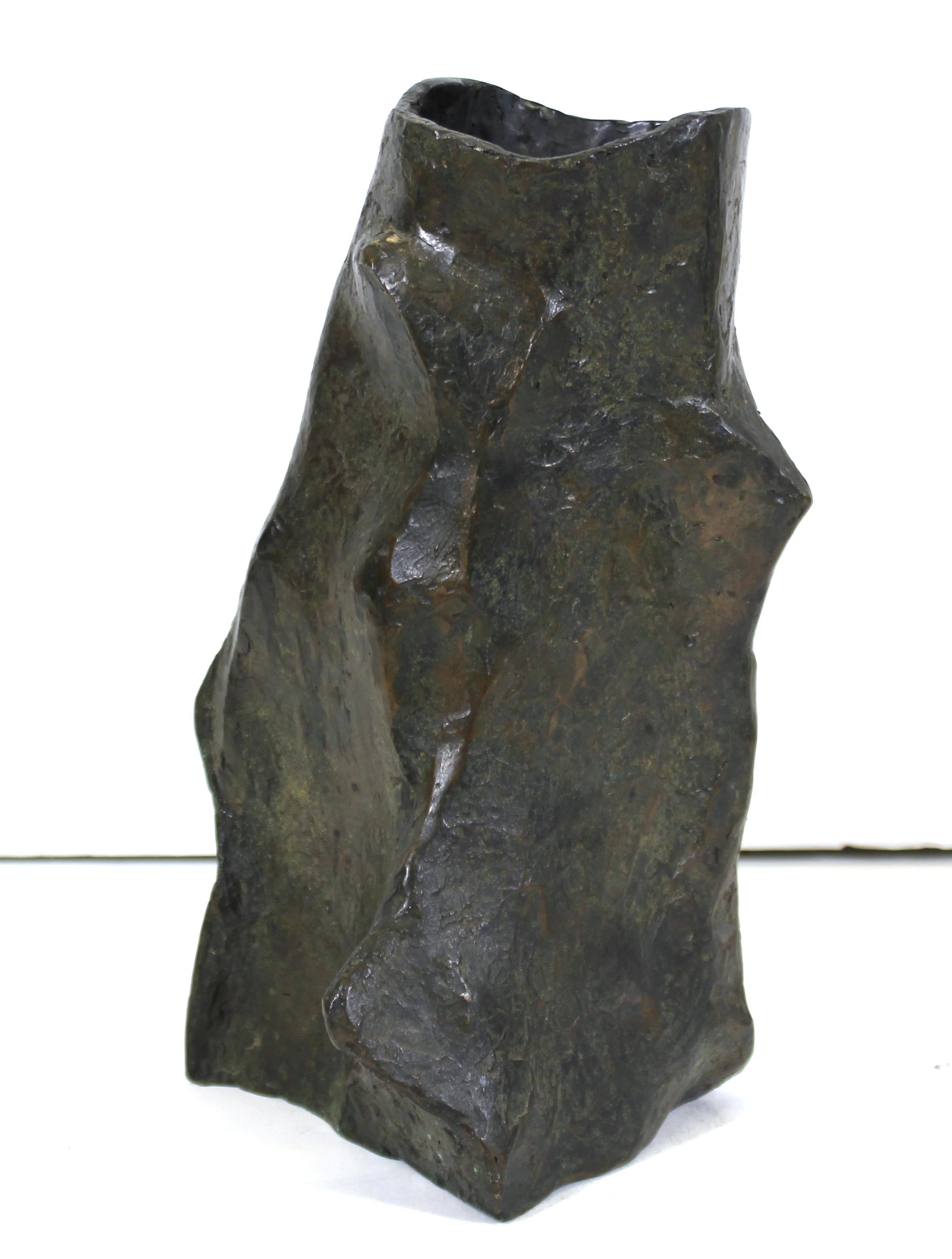 Modern Brutalist vase sculpted in bronze by Marvin Bell. The piece was made in 1988 and is signed 