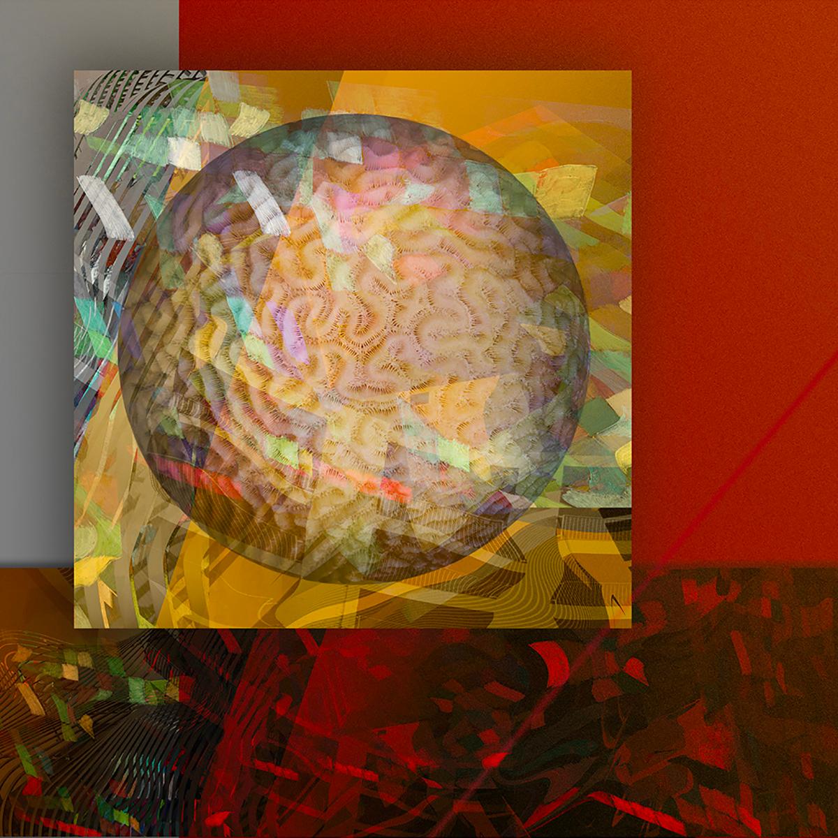 Marvin Berk Abstract Print - "Brain Sphere #1" - Geometric square digital photomontage in warm colors.