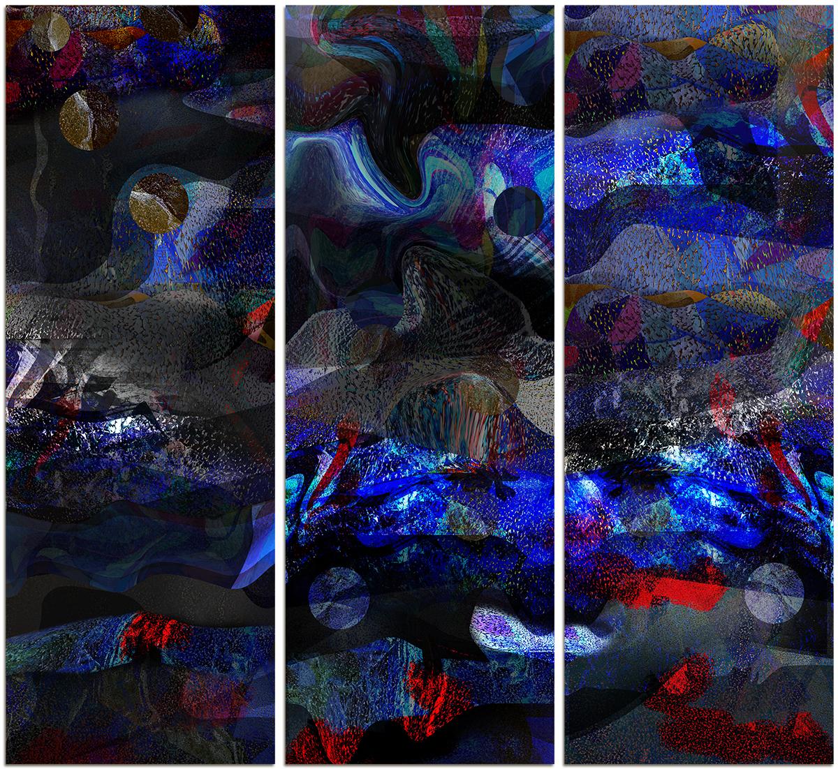 Marvin Berk Abstract Print – ""Cosmic Explorations #2"" - Abstrakte vertikale Fotomontage in kühlen Farben.