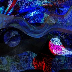 ""Cosmic Explorations #3"" - Abstrakte vertikale Fotomontage in kühlen Farben.