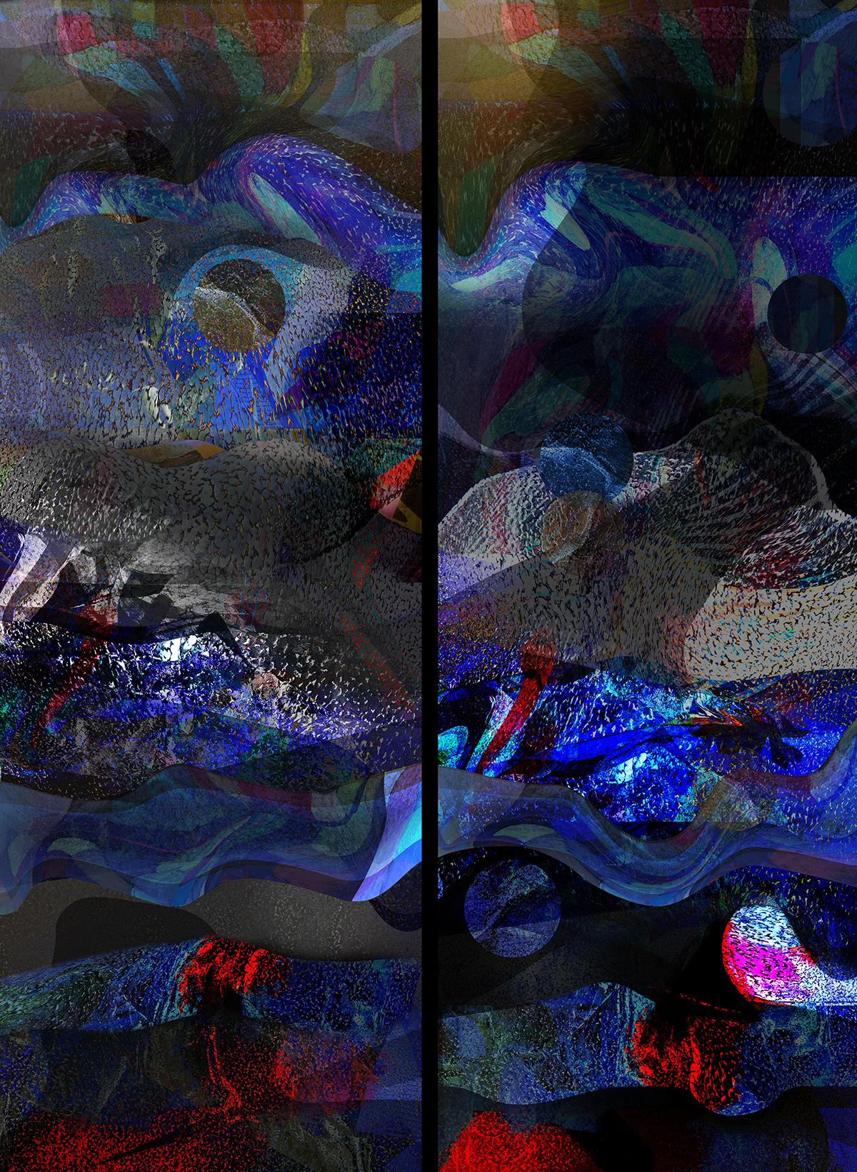 Marvin Berk Abstract Print – ""Cosmic Explorations #3"" - Abstrakte vertikale Fotomontage in kühlen Farben.