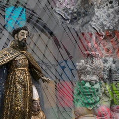 "Culture #1" - Fotomontaggio verticale in colori freddi con figure e strisce.