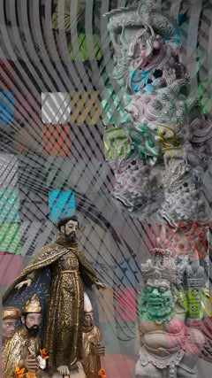 "Cultures #1" - Vertical photomontage in cool colors with figures and stripes.