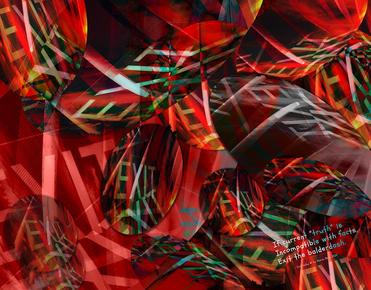 Marvin Berk Abstract Print – ""Exit the Balderdash #2"" - Horizontaler abstrakter digitaler Fotomontage in Rot.