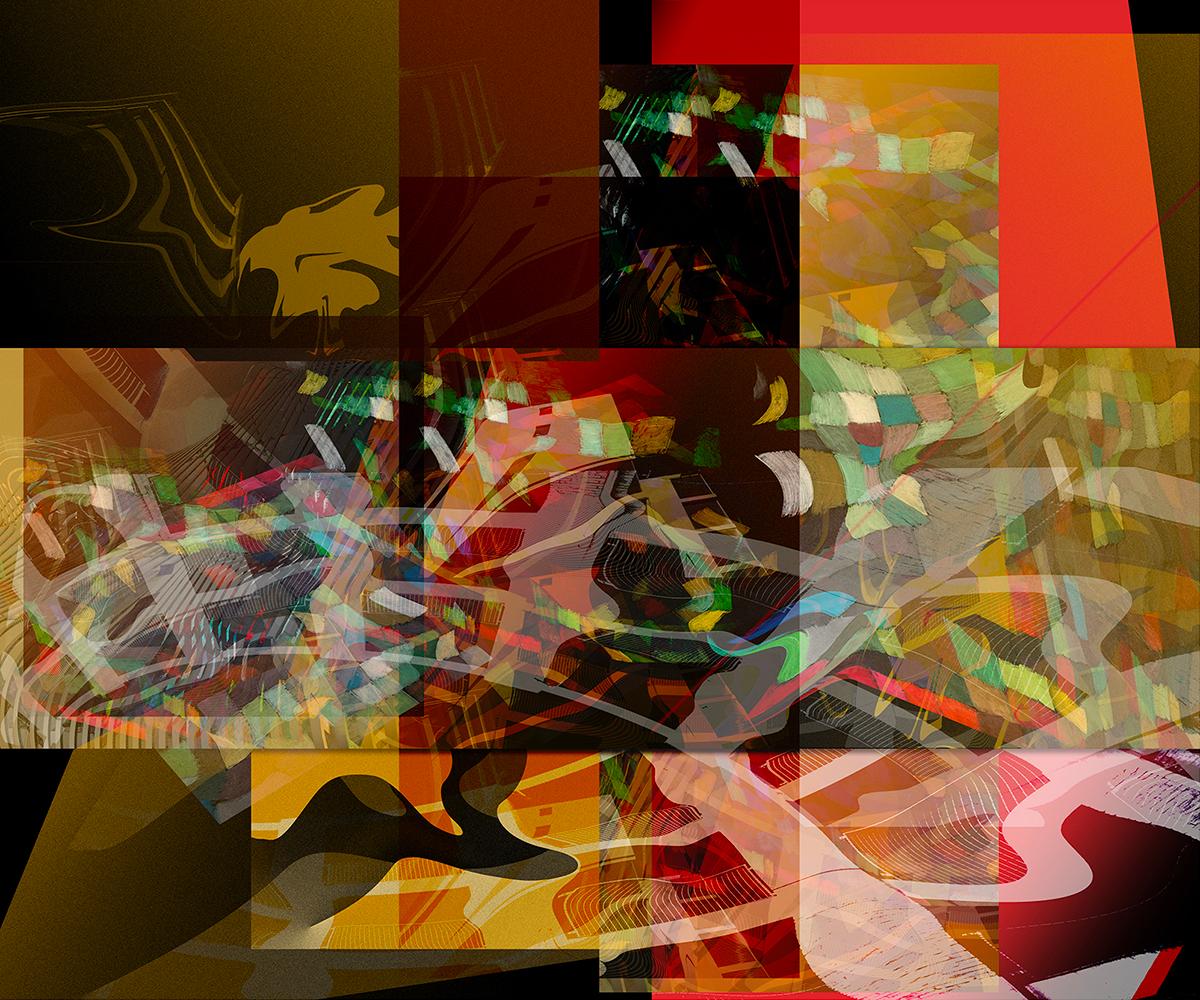 ""Flowing Geometry #3" - Montage numérique horizontale de mosaïque aux couleurs chaudes.
