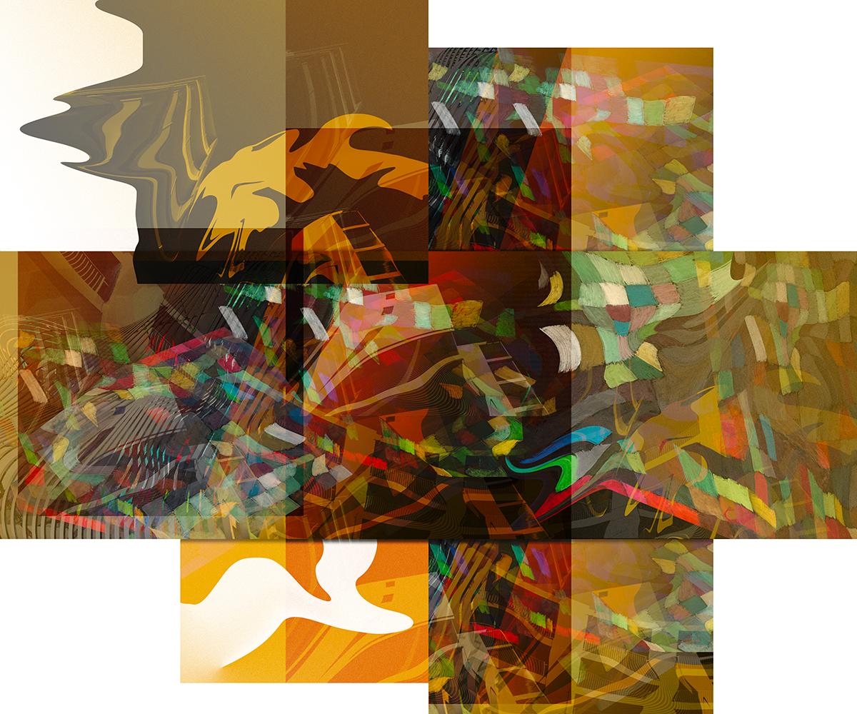 Marvin Berk Abstract Print – ""Flowing Geometry #4"" - Mosaik horizontale digitale Fotomontage in Gelbgold.