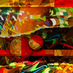 ""Geometrische Kugel #6" - Vertikale, farbenfrohe digitale Fotomontage in Rot und Gold.