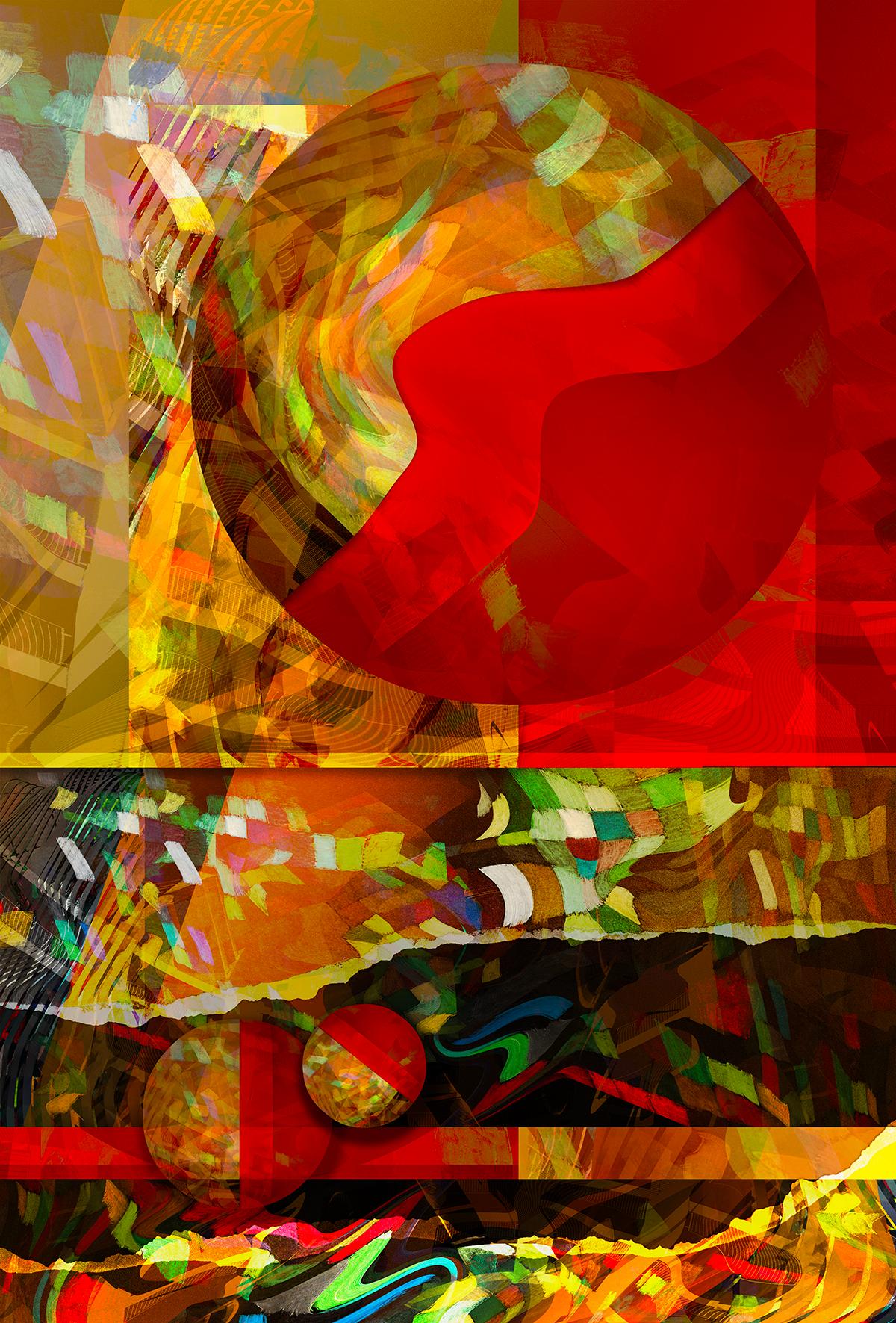 Marvin Berk Abstract Print – ""Geometrische Kugel #6" - Vertikale, farbenfrohe digitale Fotomontage in Rot und Gold.