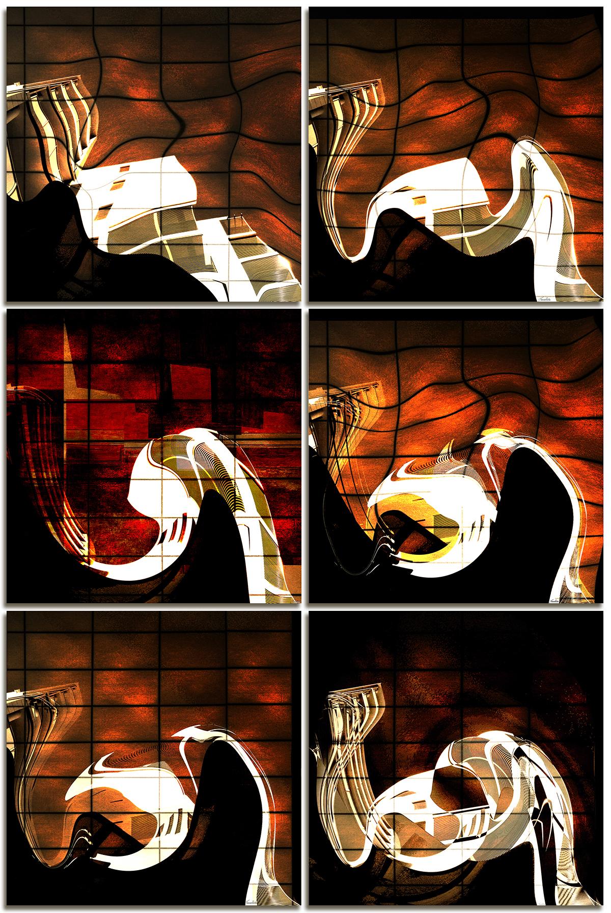 ""Heatwave Sextychon"" - Abstrakte digitale Fotomontage in dunklen Farben. 6 Kunsttafeln.
