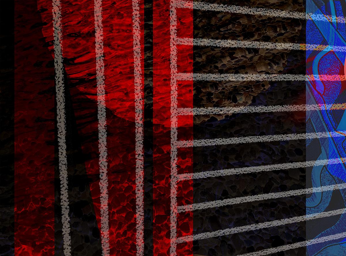 Marvin Berk Abstract Print - "Linear Graphic Heat #2" - Horizontal photomontage with stripes in red & blue.