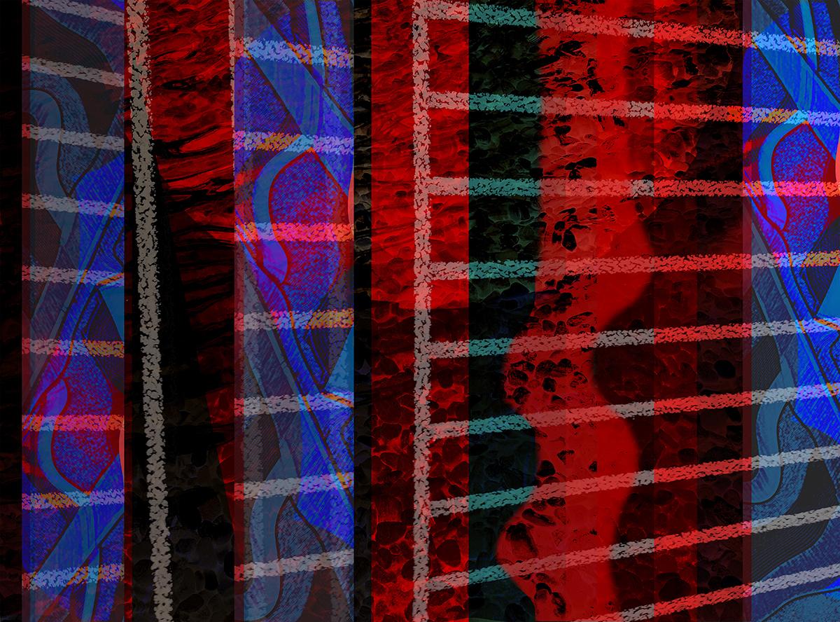 Marvin Berk Abstract Print - "Linear Stripes #1 - Horizontal photomontage with stripes in blue and red.