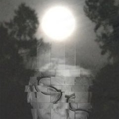"Night Visions #1" - Fotomontaggio verticale in bianco e nero con luna e figure.