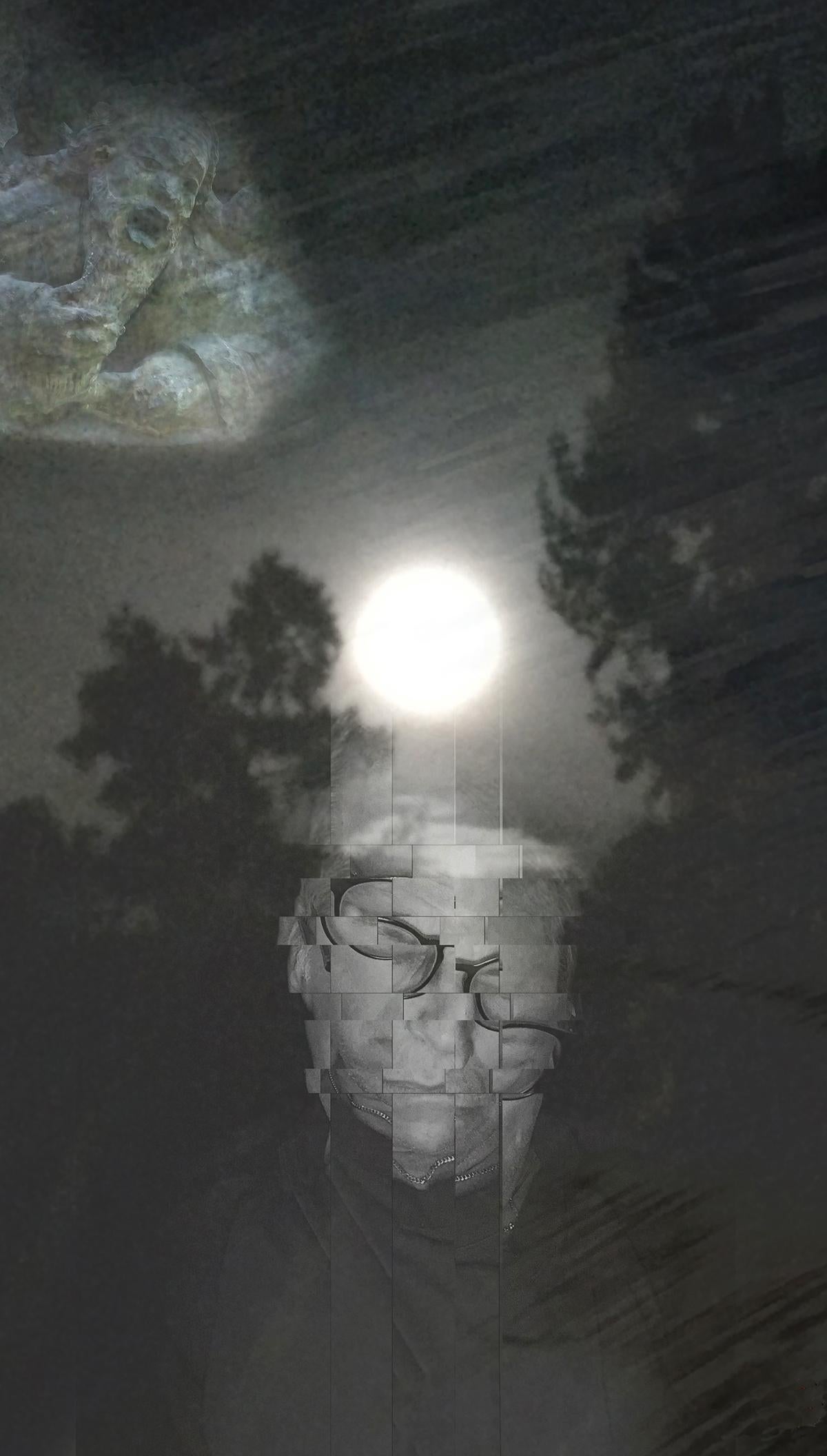 Marvin Berk Abstract Print - "Night Visions #1" - Vertical black & white photomontage with moon and figures.