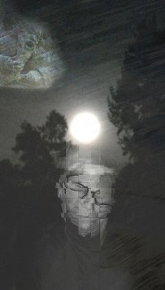 ""Night Visions #1"" - Vertikales Schwarz-Weiß-Fotomontage mit Mond und Figuren.