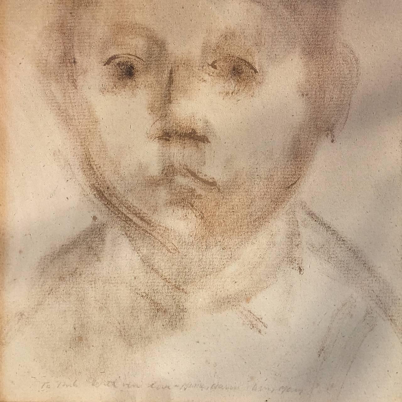 Very well done charcoal and wash portrait of a young boy done circa 1945.  Signed and dedicated lower middle. Condition is good.  Linen gallery mat with thin silver frame. Overall size 16 x 13.5 inches.