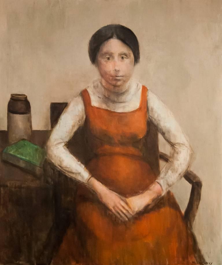 woman in orange dress painting
