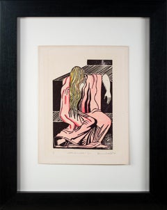 „Weeping Woman“ Original- Linolschnitt, signiert von Marvin Hill, pink im Art déco-Stil