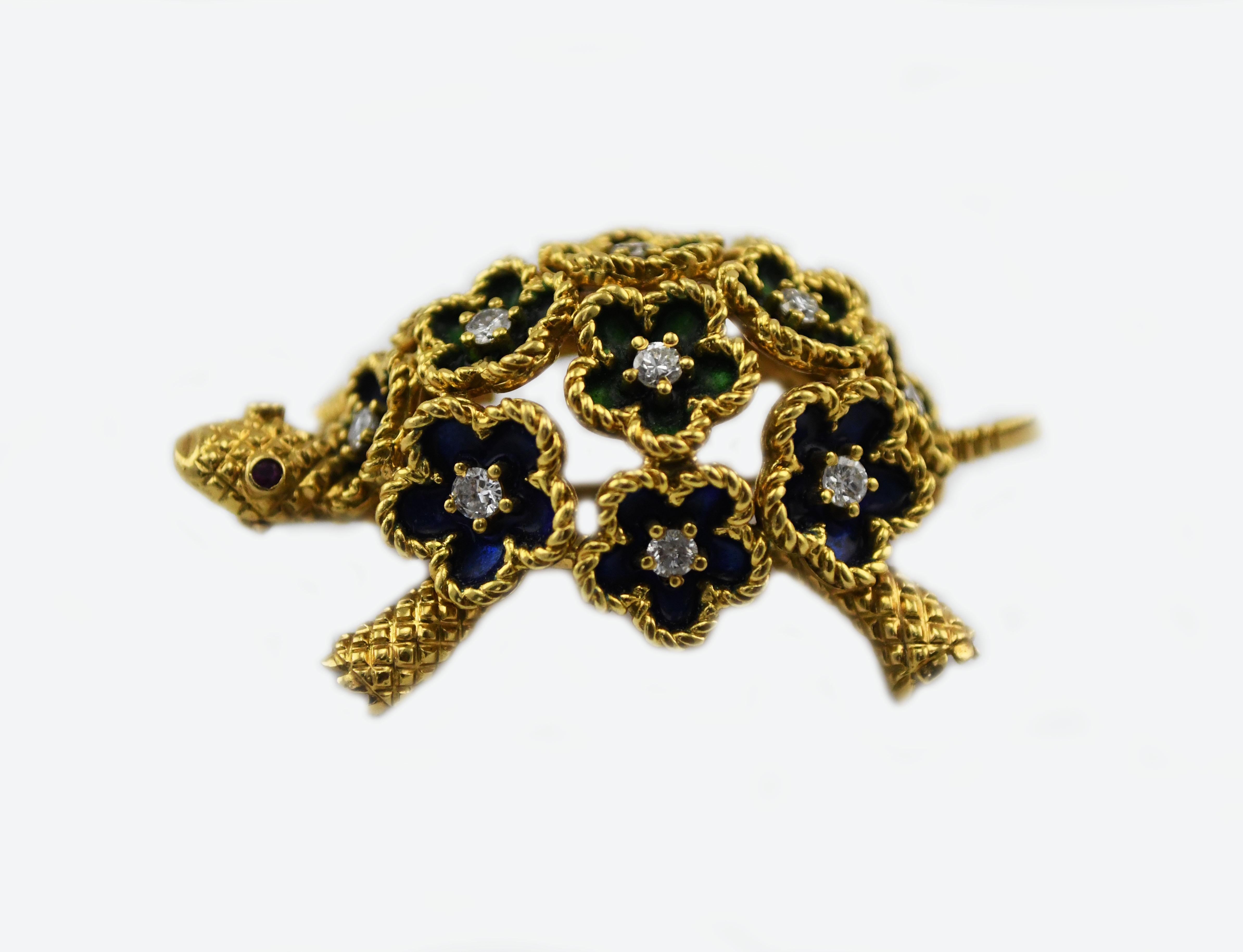 Marvin Hime 18k Gold Enameled Green and Blue Turtle with Diamonds and Ruby Eyes. 18.5 grams with 12-.06ct Diamonds .72ctw. Si-Clarity and G,H Color. Made in Paris, France. The owner of the longest-established jewelry shop in Beverly Hills and over