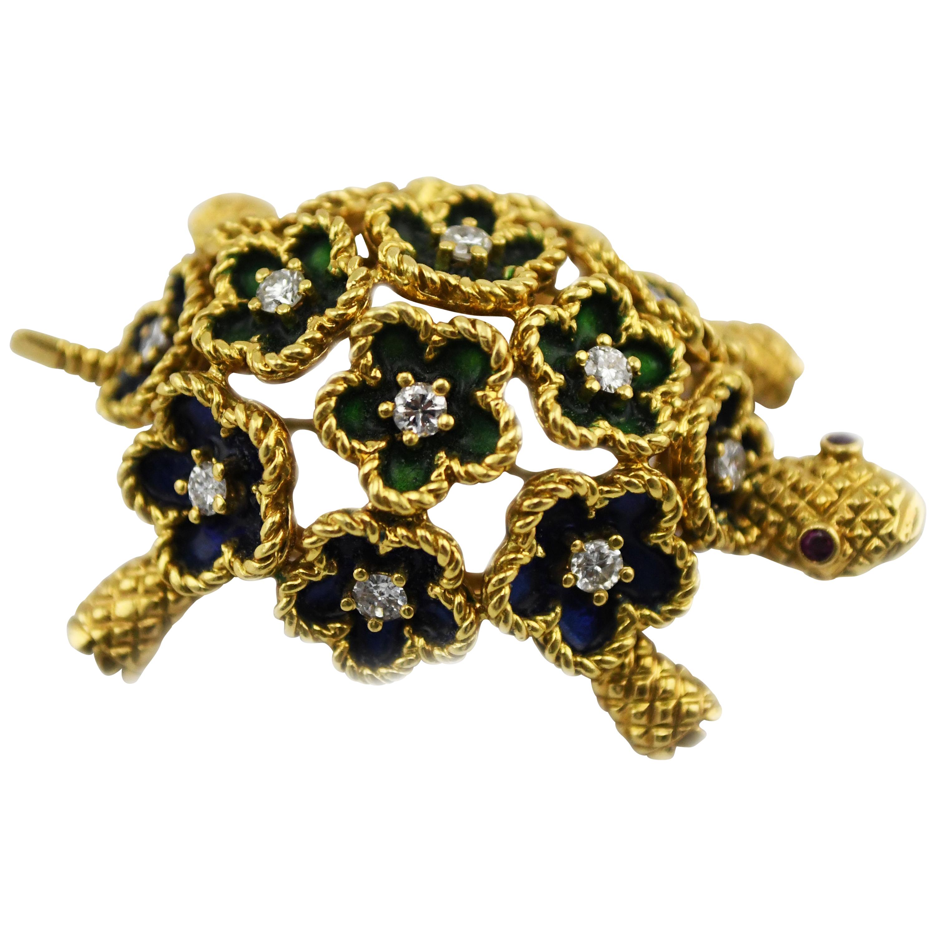Marvin Hime 18k Gold Enameled Green and Blue Turtle with Diamonds and Ruby Eyes For Sale