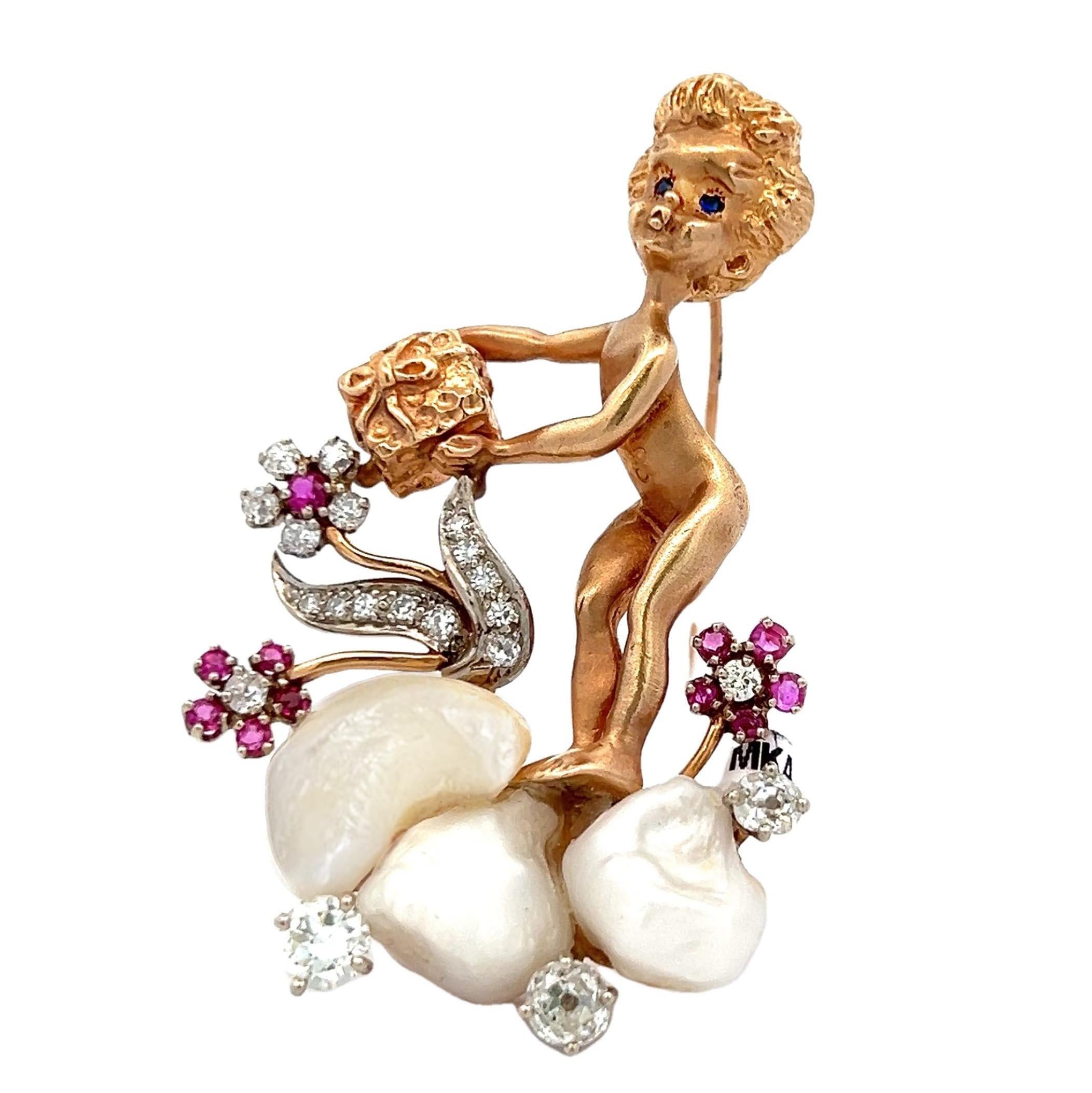 1960's Beverly Hills jeweler Marvin Hime freshwater pearl cherub angel brooch. The museum-worthy collector's brooch combines elegance with a playful cherub design reminiscent of William Ruser's iconic pieces. Crafted in 14k gold and stamped with