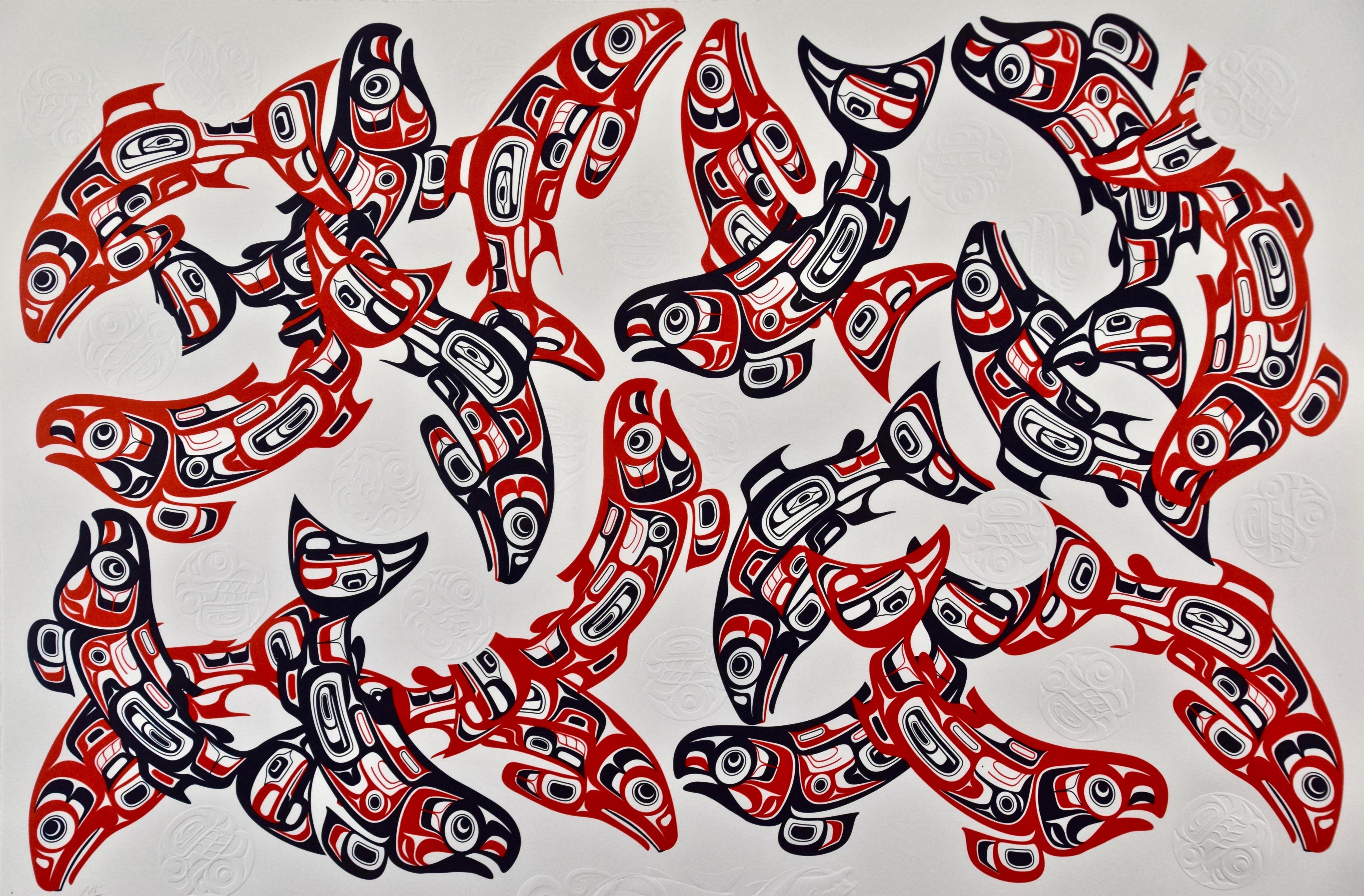 Inuit Embossed Serigraph of Spawning Salmon Symbolizing a 