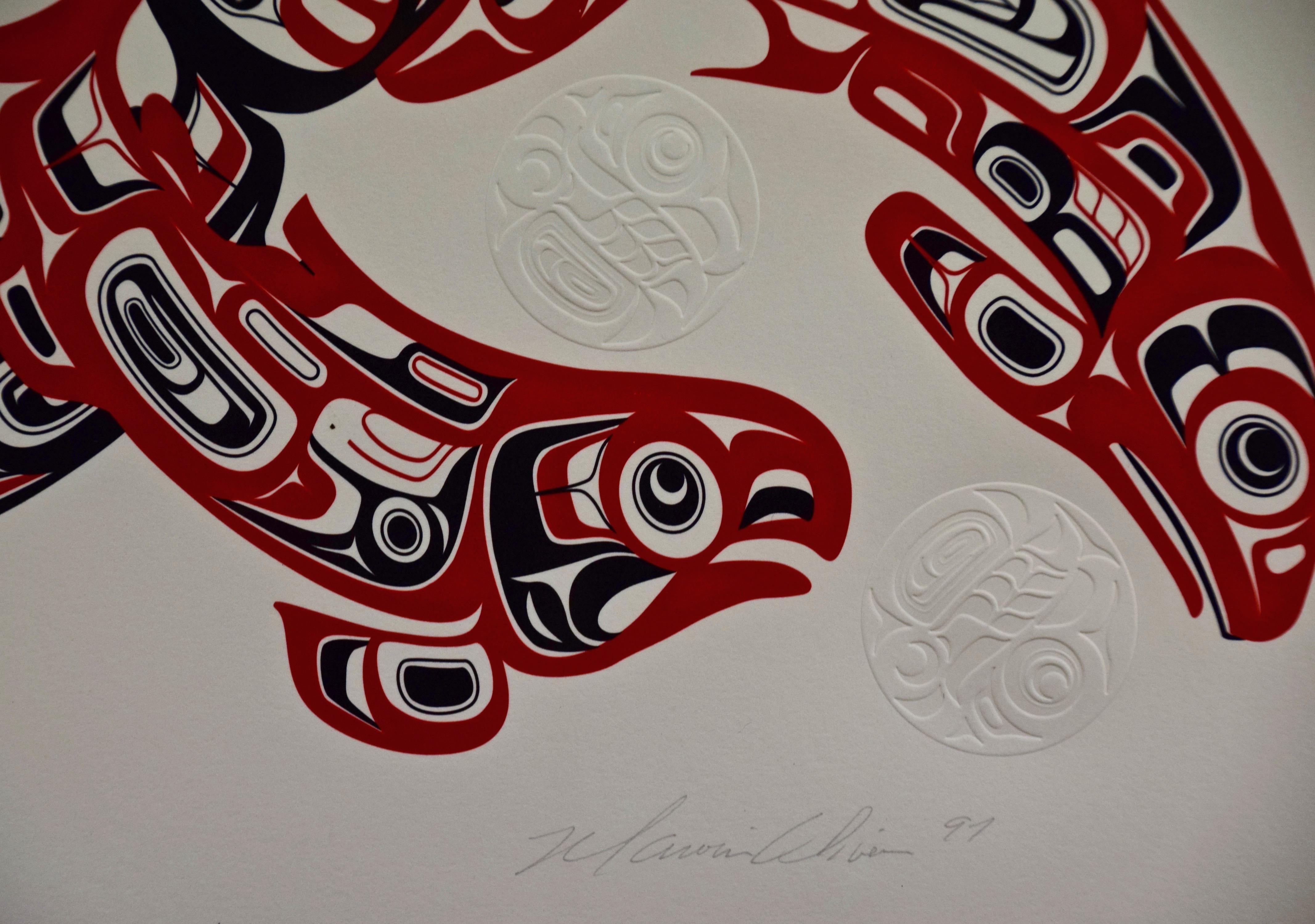 Inuit Embossed Serigraph of Spawning Salmon Symbolizing a 